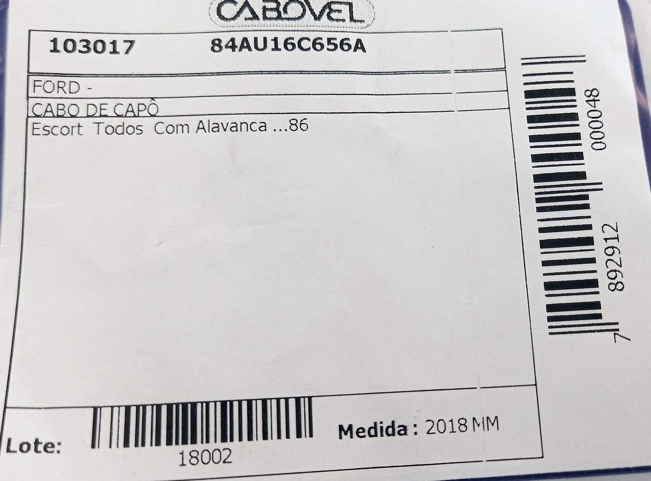 CABO DE CAPÔ COM ALAVANCA FORD ESCORT /1986 - 2018MM