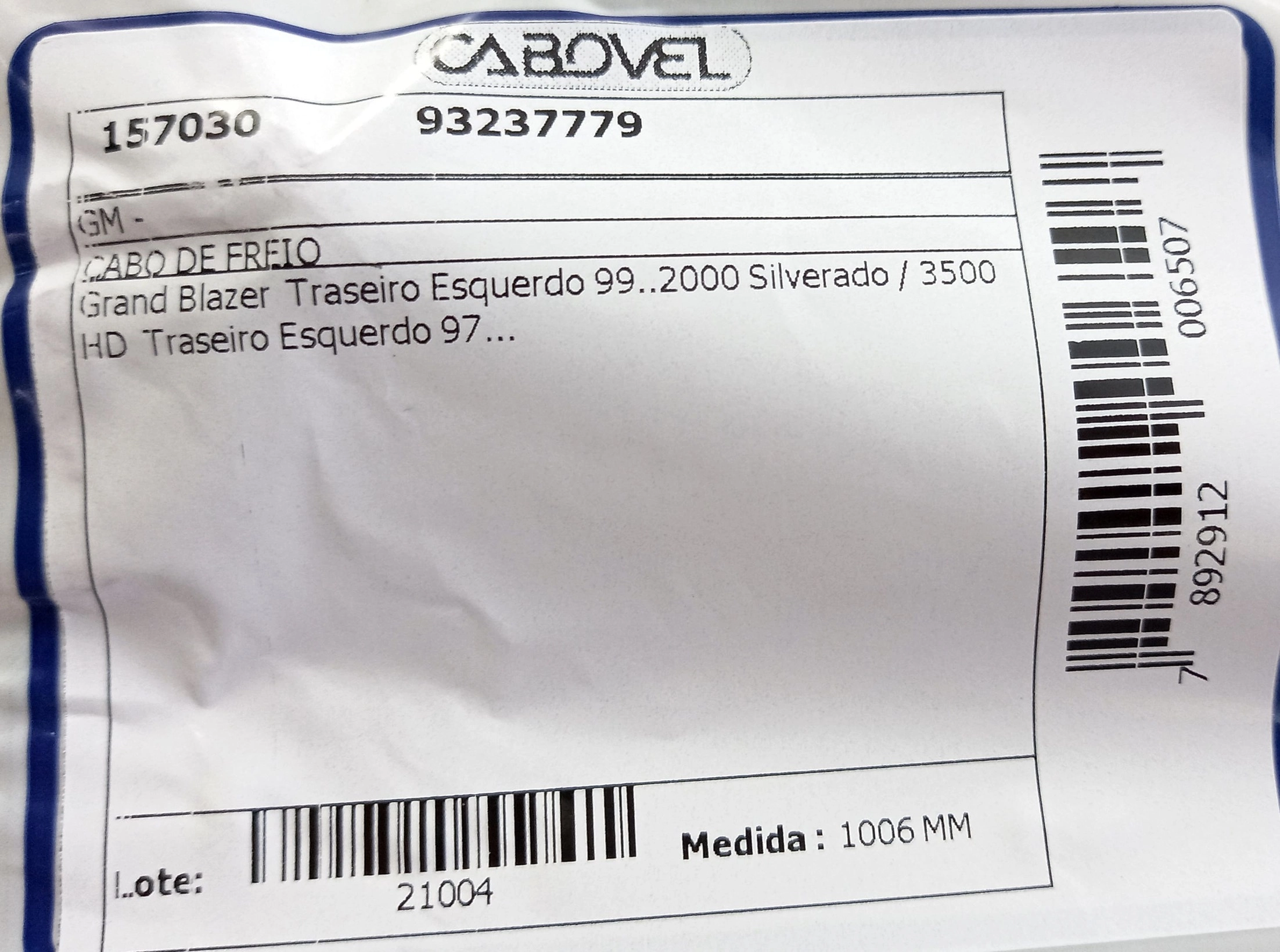 CABO DE FREIO TRASEIRO ESQUERDO GM SILVERADO 3500 HD/GRAND BLAZER 1997/ - 1006MM