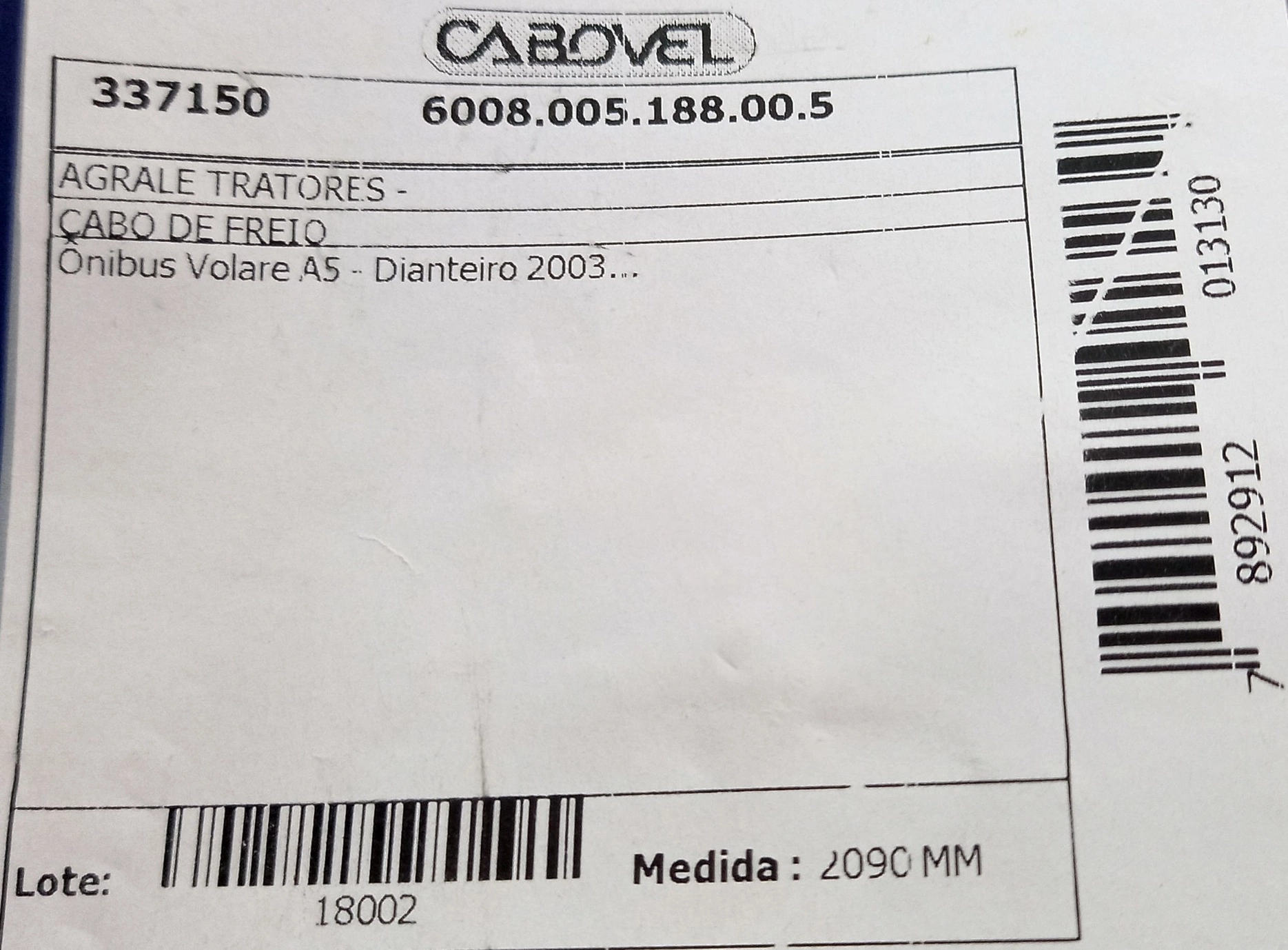 CABO FREIO DIANTEIRO 2090MM AGRALE MICRO ONIBUS VOLARE A5 2003/ 2090