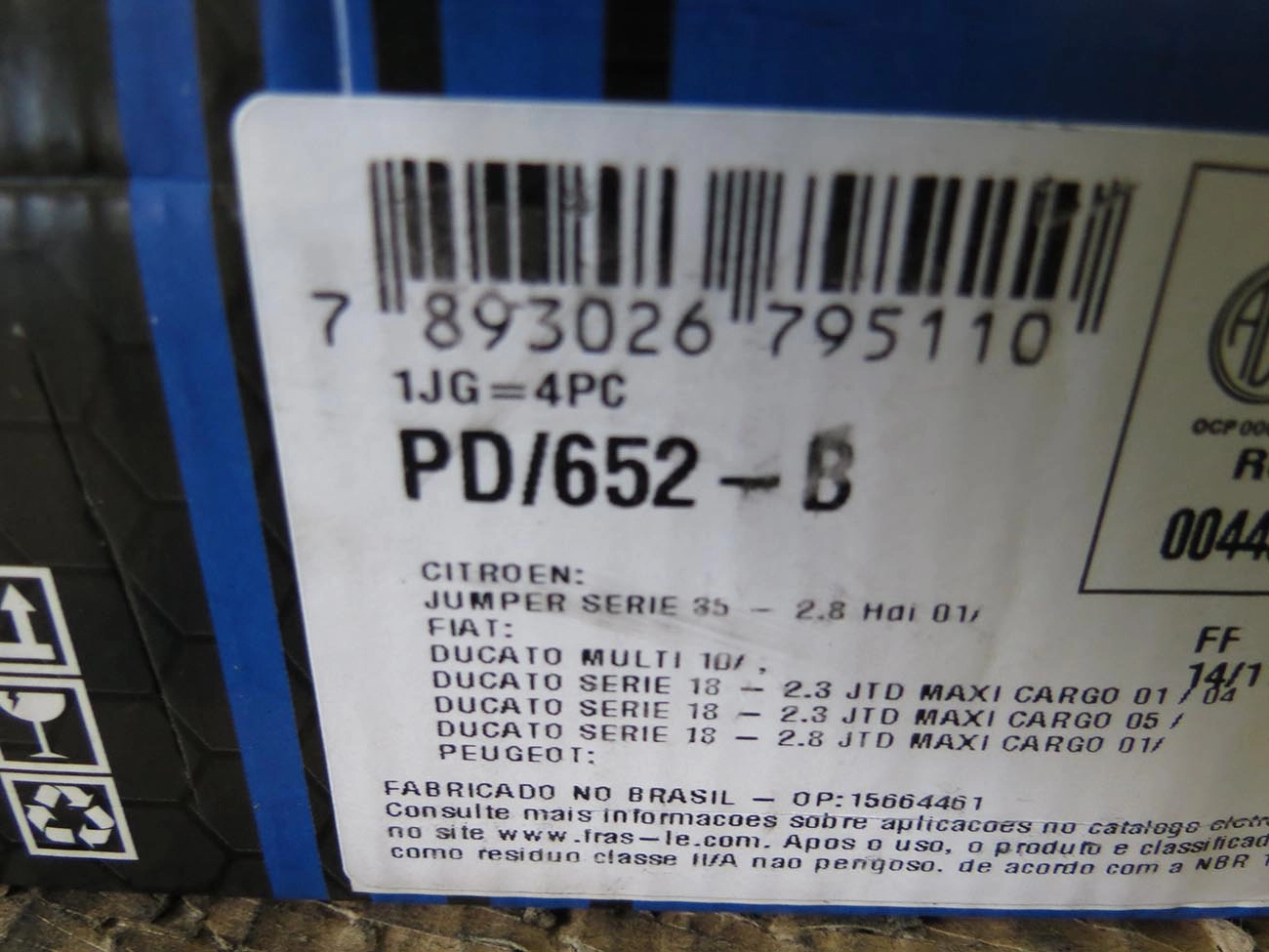 PASTILHA FREIO RODA DIANTEIRA COM ALRME CITROEN JUMPER 01/ FIAT DUCATO 05/ PEUGEOT BOXER 02/ ALARME