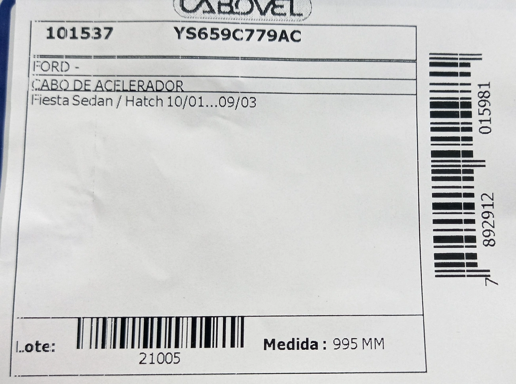 CABO ACELERADOR 995MM FORD FIESTA HATCH/SEDAN 10.01/09.03