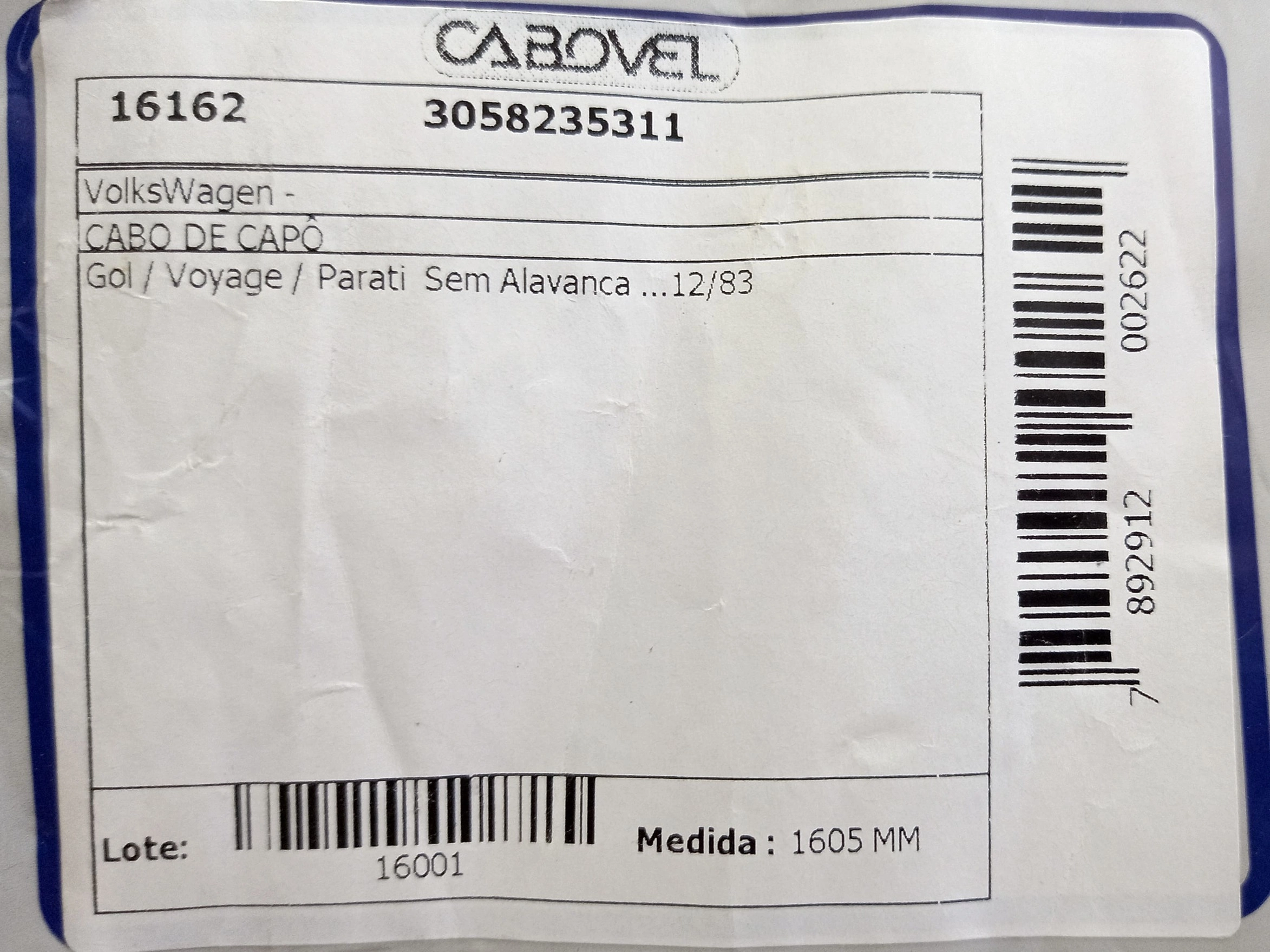 CABO CAPO VW GOL/VOYAGE/PARATI/12.83 1605