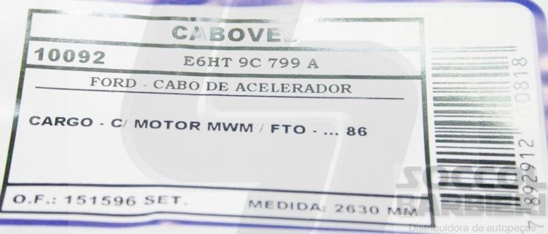CABO ACELERADOR COM MOTOR FORD/MWM 2630MM CARGO TODOS /1986