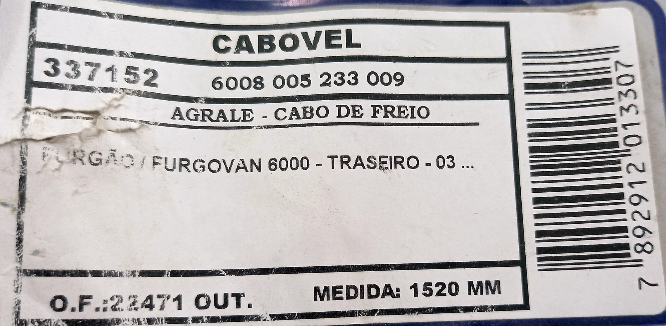 CABO FREIO DIANTEIRO 1520MM AGRALE FURGÃO/FURGOVAN 6000 03/