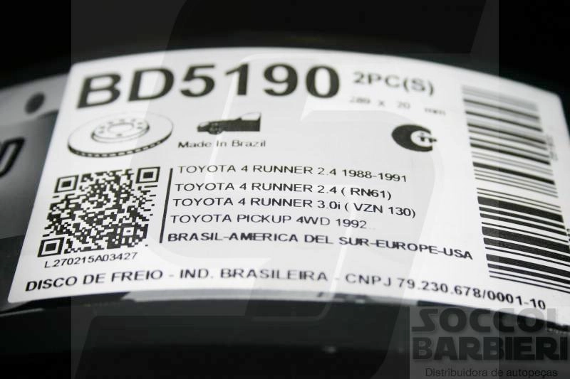 DISCO FREIO DIANTEIRO VENTILADO 288,50MM TOYOTA HILUX 4X4 92/04 SW 2.8 PICK-UP /94 288,50M