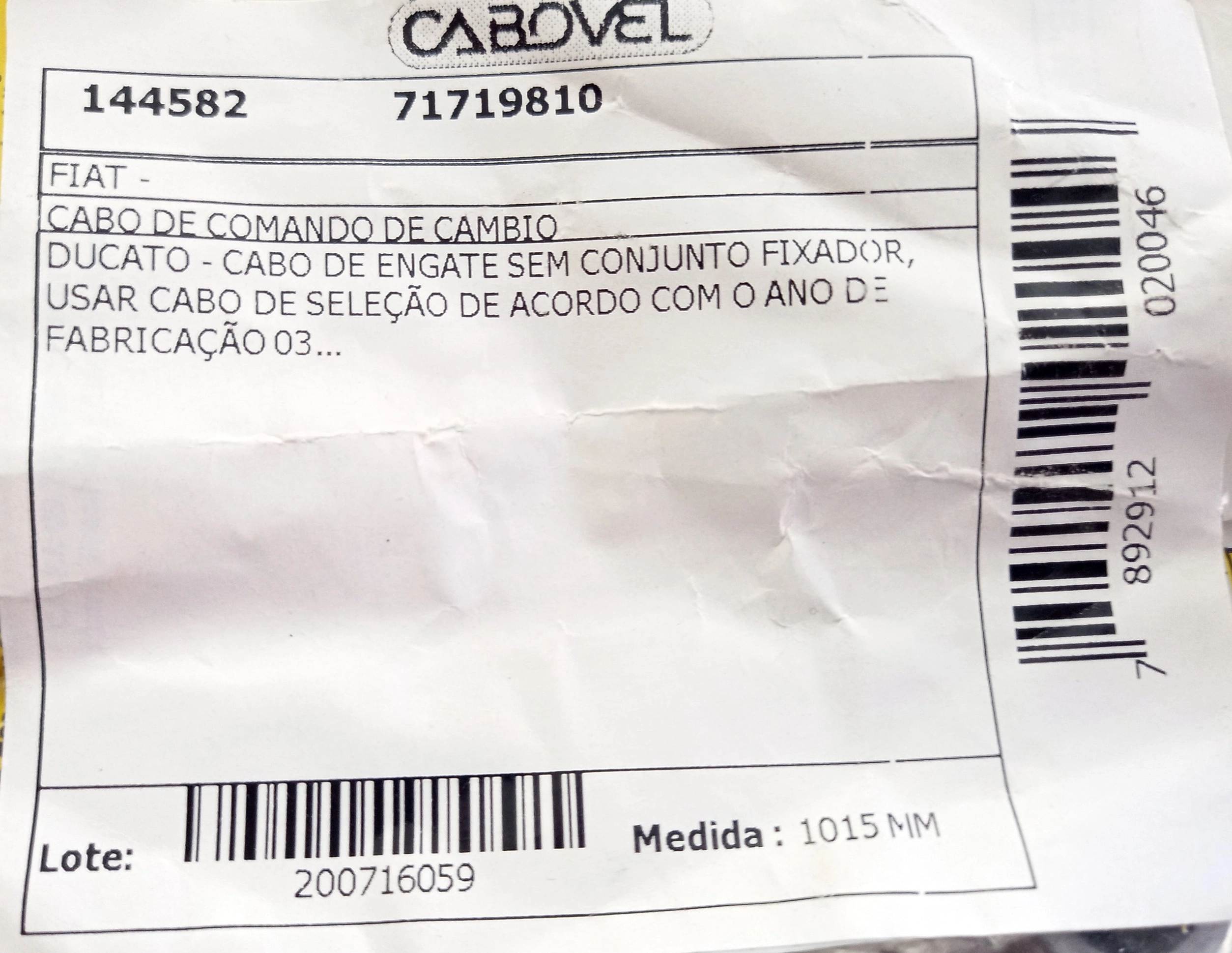 CABO ENGATE CAMBIO CITROEN JUMPER/FIAT DUCATO/PEUGEOT BOXER 2003/2005 1015MM