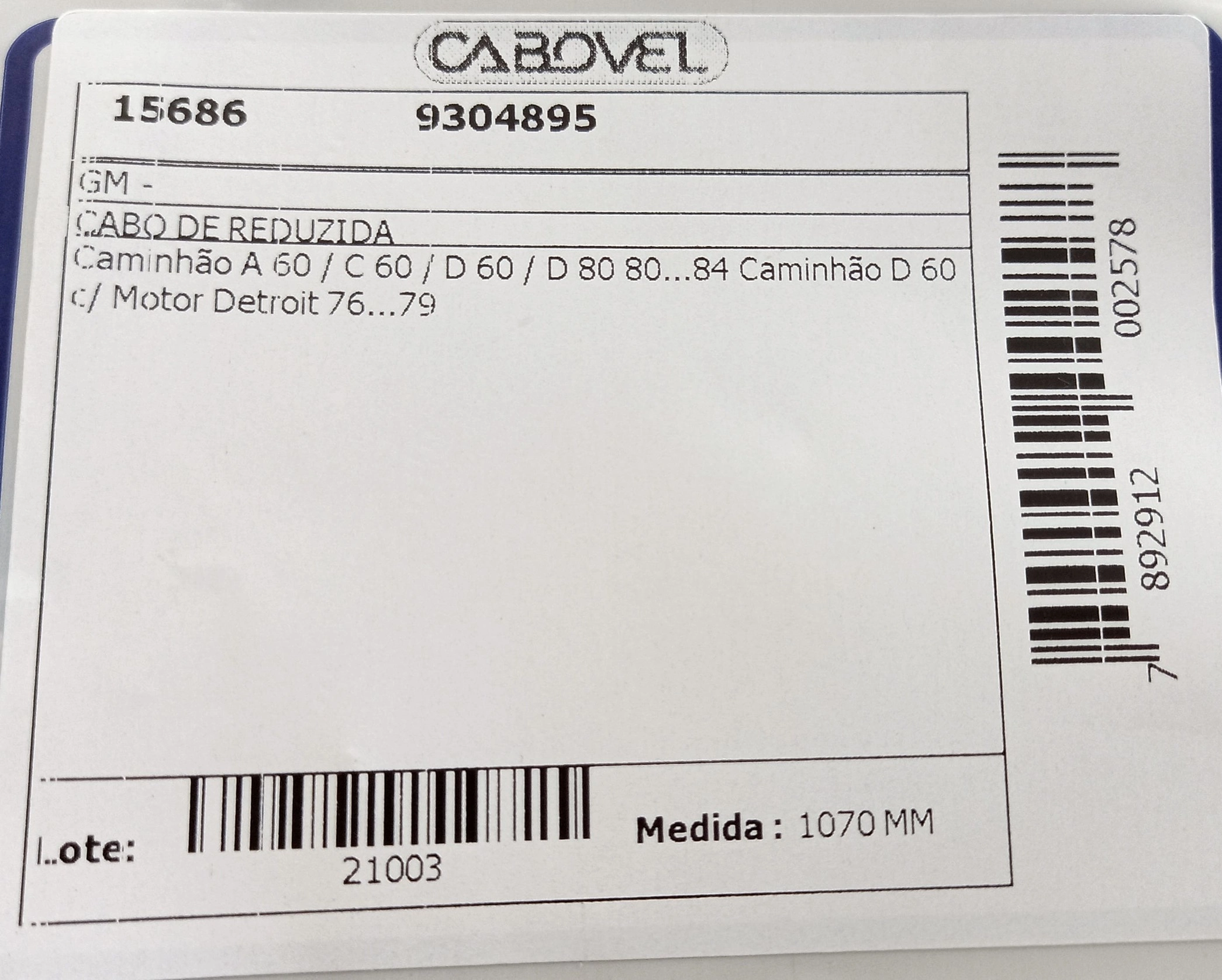CABO REDUZIDA GM CAMINHOES A-60/C-60/D-60/D-80 76/84 1070