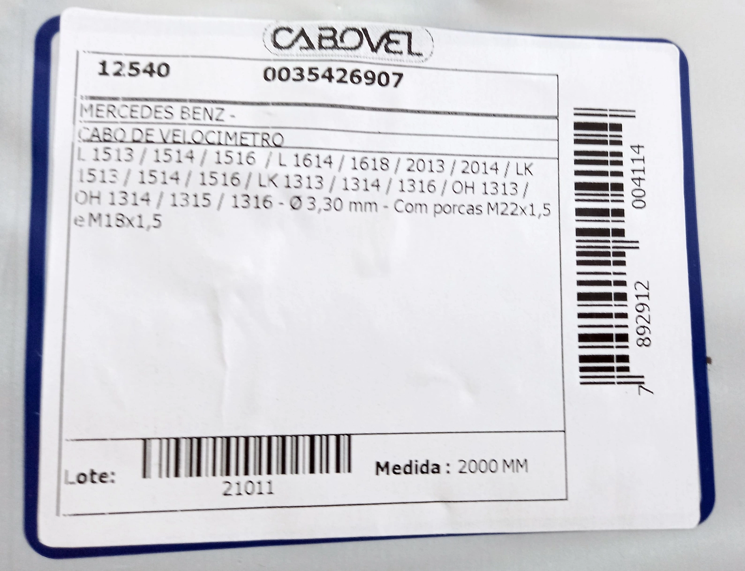 CABO VELOCIMETRO MB L 1513/1514/1516/L 1614/1618/2013/2014 2000MM