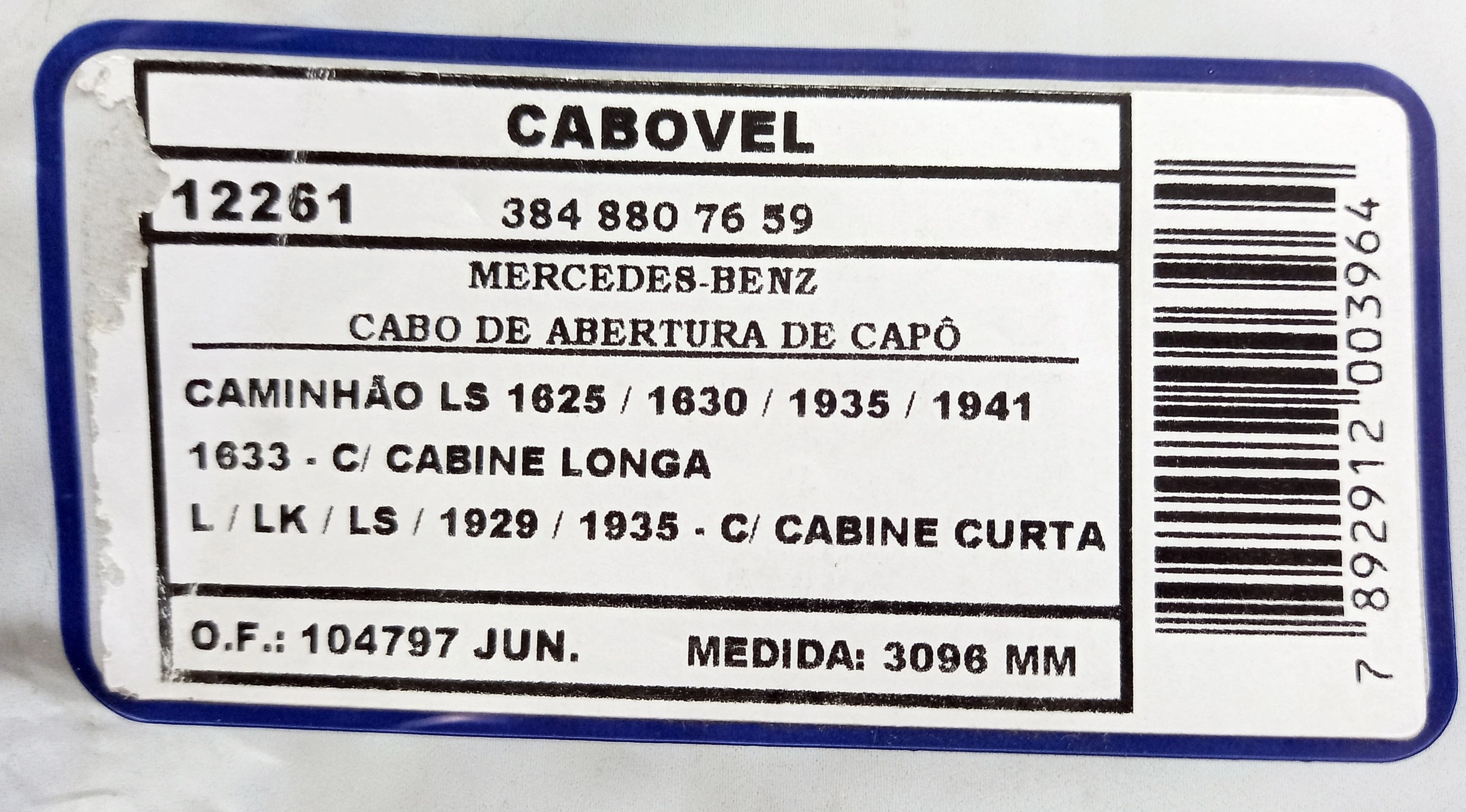 CABO CAPÔ SEM ALAVANCA 3096MM CAPO MB L/LK/LS/1929/1935 C/CABINE CURTA