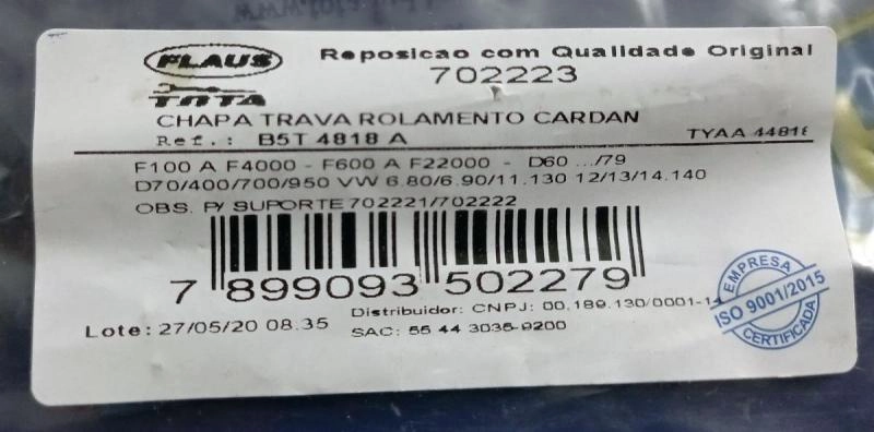 CHAPA TRAVA SUPORTE U DO ROLAMENTO CARDAN FORD F-1000/4000 - GM A/C/D-60/70 - VW 6.90/11.130