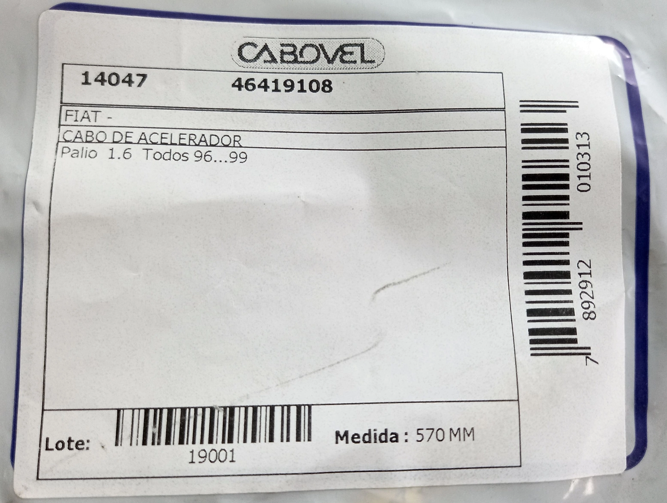 CABO ACELERADOR 570MM FIAT PALIO 1.6 TODOS 1996/1999