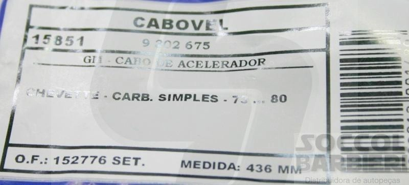 CABO ACELERADOR 436MM GM CHEVETTE 1973/1980 CARBURAÇÃO SIMPLES