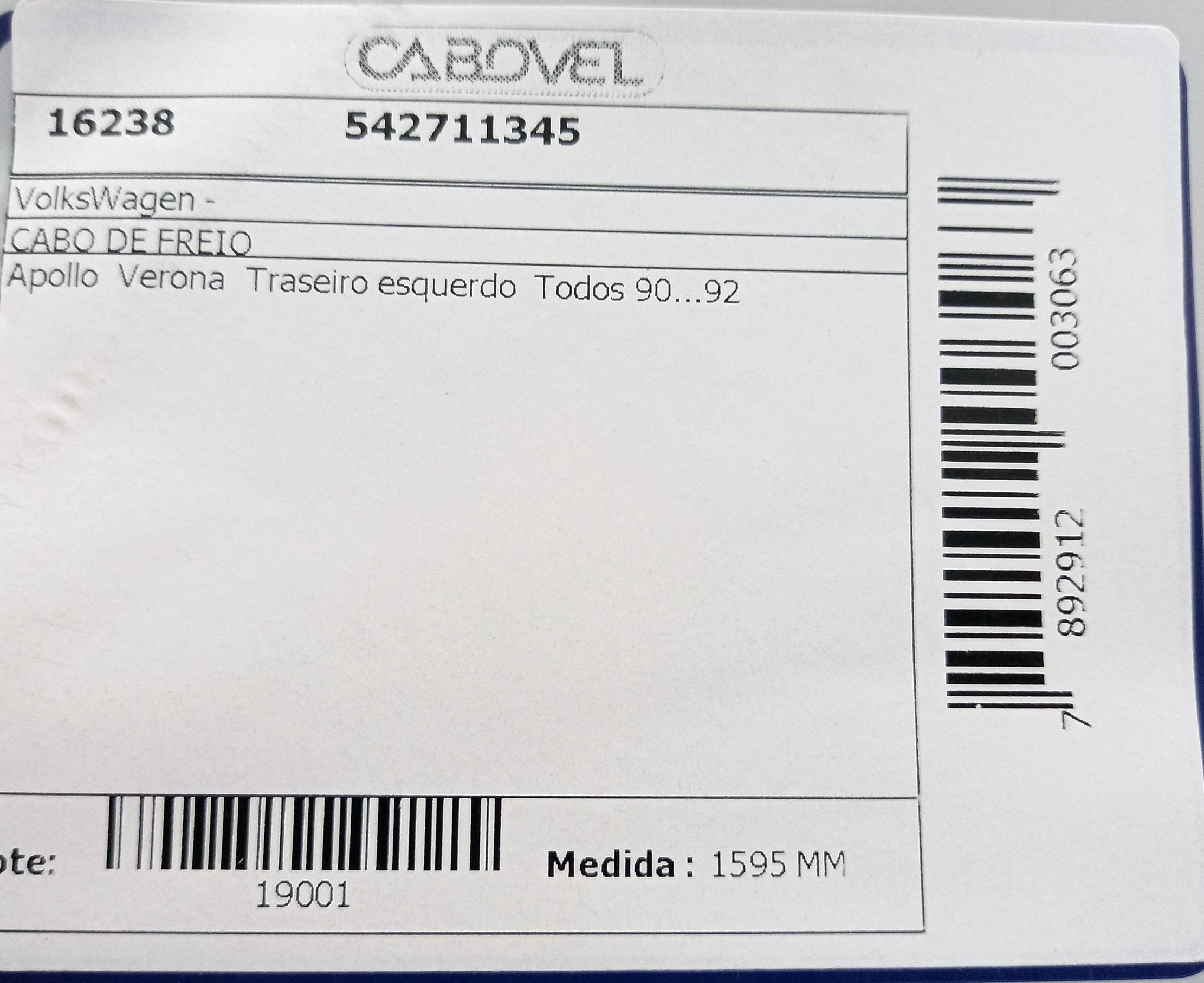 CABO FREIO VW APOLLO TRASEIRO ESQUERDO - TODOS 90/92
