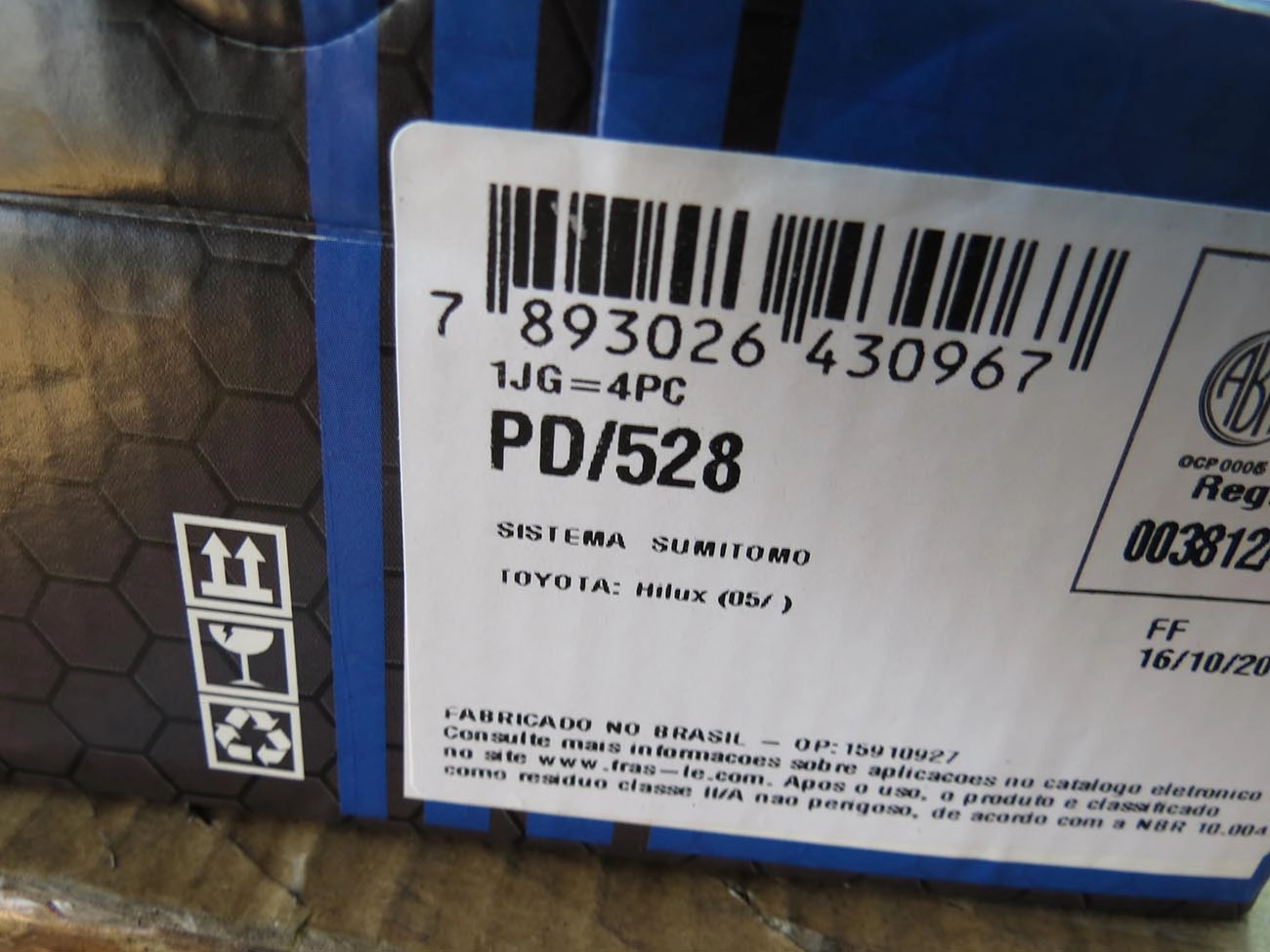 PASTILHA FREIO RODA DIANTEIRA TOYOTA HILUX SW4 05/ 3.2 CD 4X2 SRV 4X4 15/ 134,50MM