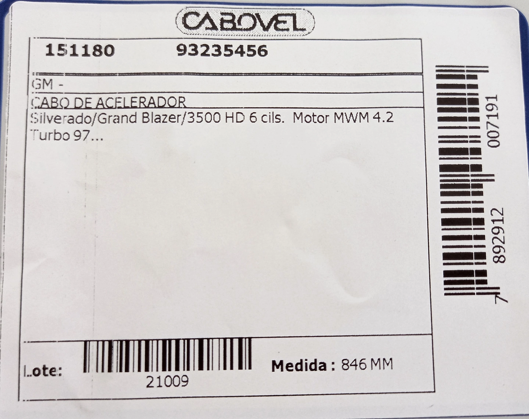 CABO ACELERADOR 846MM GM SILVERADO/GRAND BLAZER/3500 HD 6 CIL MWM 4.2 TURBO 97/ 846