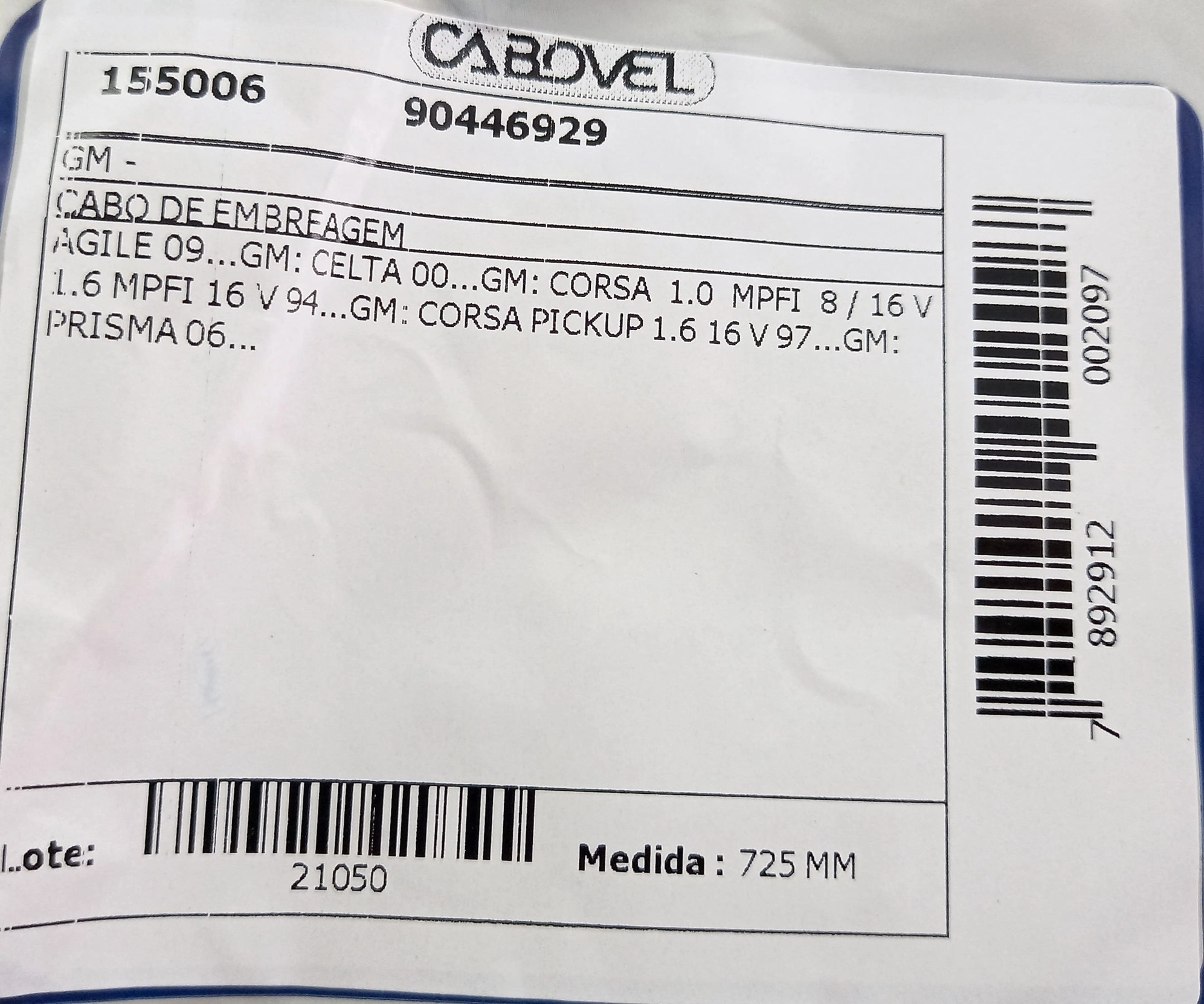 CABO EMBREAGEM 725MM GM CORSA 1.0/1.4 94/ 1.6 16V 97/ CELTA 00/ PRISMA 06/12 AGILE 09/ MONTANA