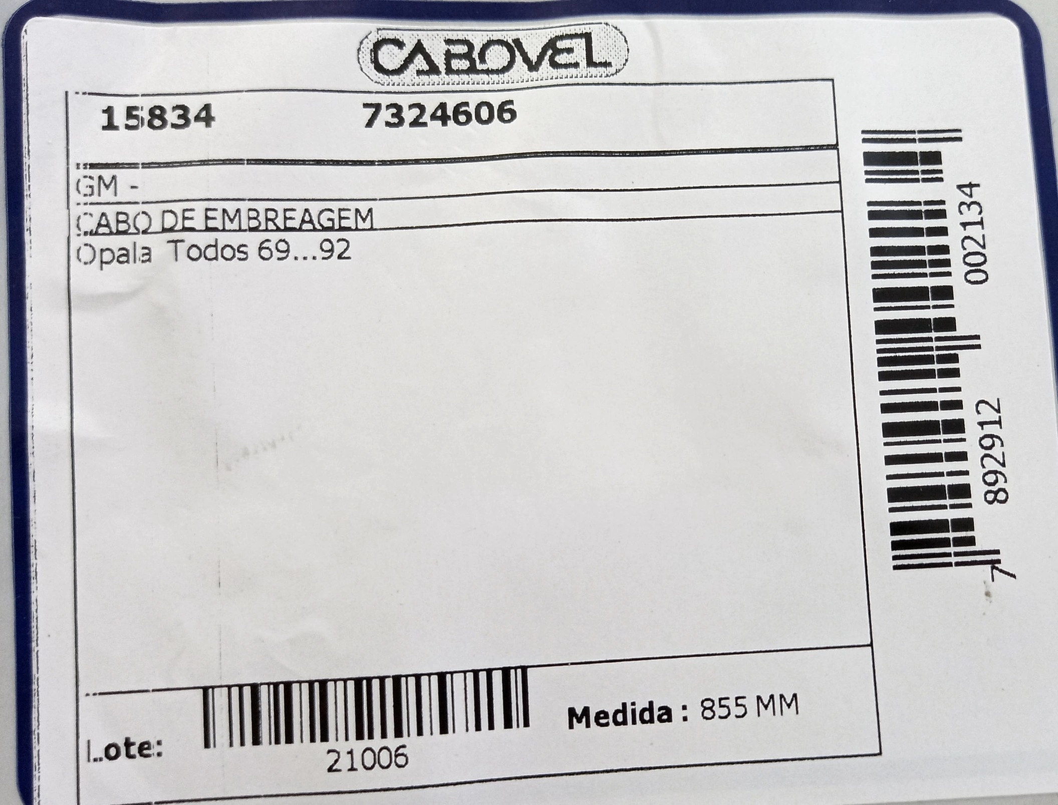 CABO EMBREAGEM GM OPALA/CARAVAN - TODOS 69/92 855MM