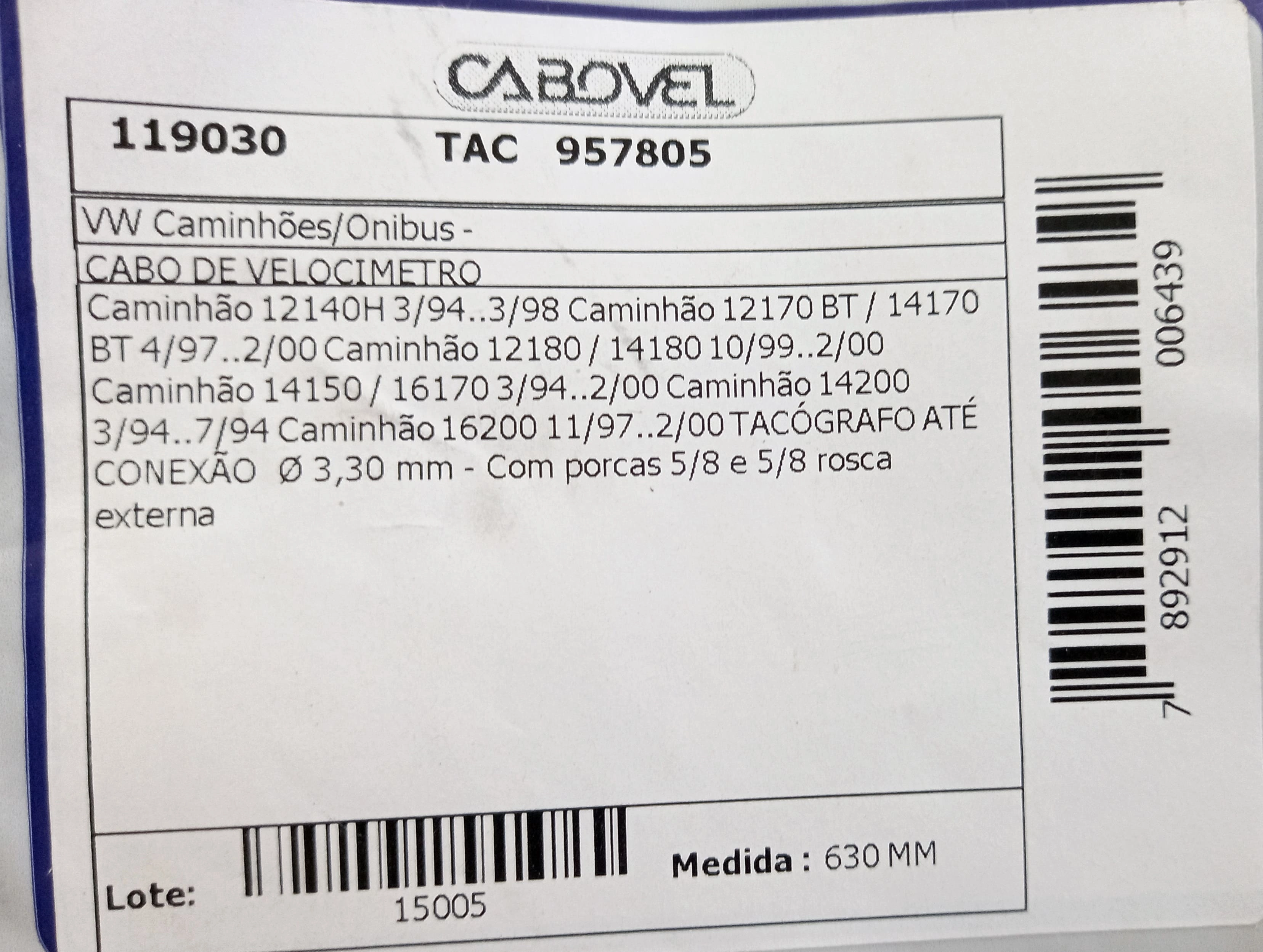 CABO VELOCIMETRO VW 12.140H/14.150/14.170BT/16.200/12.180/14.180 TACOGRAFO 03.94/02.00 630MM