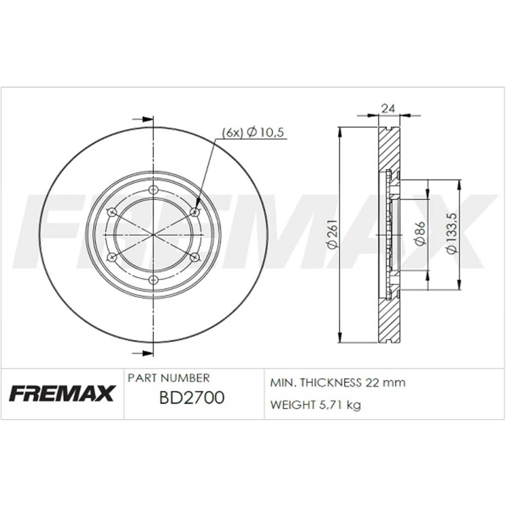 DISCO FREIO DIANTEIRO VENTILADO 261MM 6 FUROS BONGO K-2500 08/16 K-2700 4X2 97/12 EXCETO 278MM