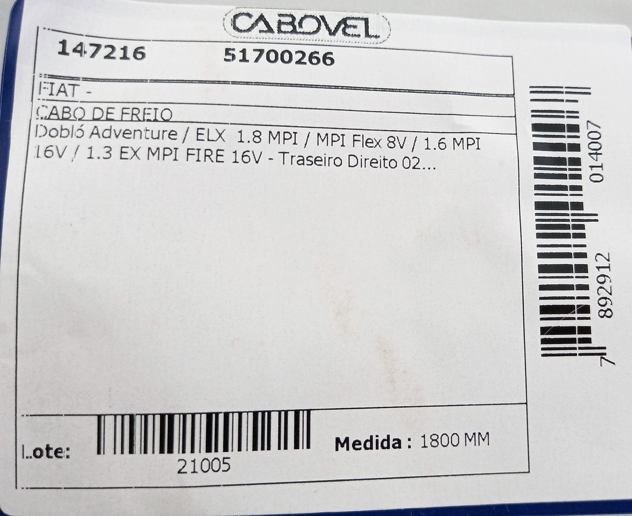 CABO FREIO TRASEIRO DIREITO - FIAT DOBLO ADVENTURE 2002/ - 1800MM