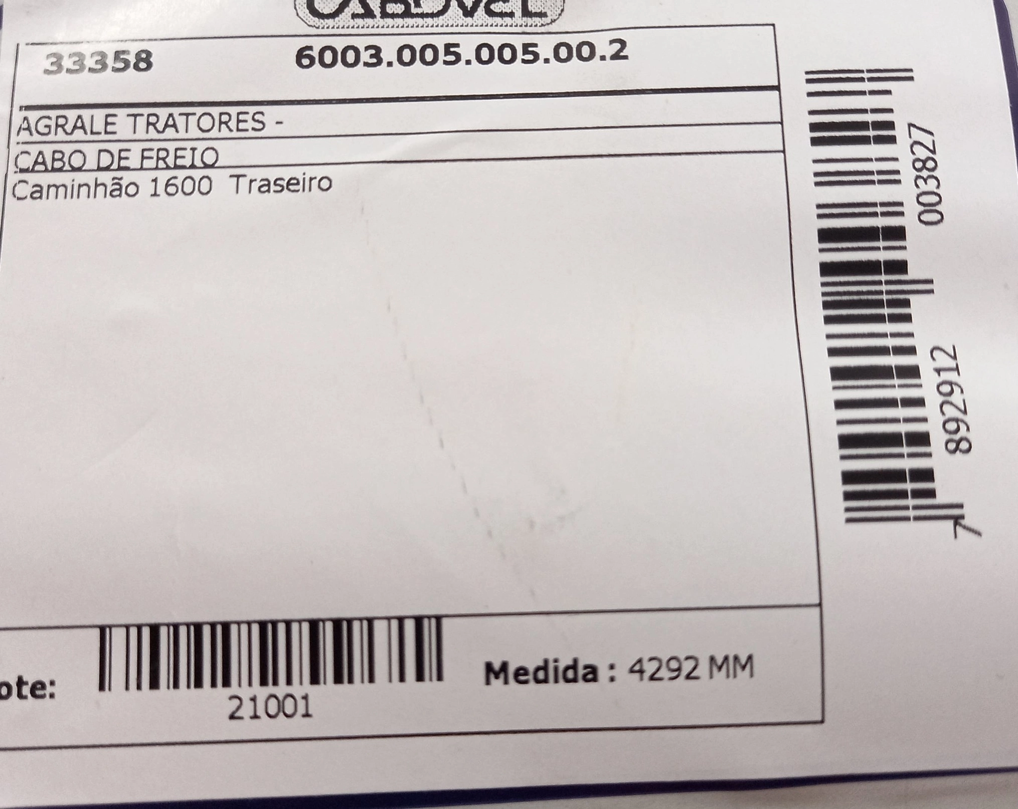 CABO FREIO TRASEIRO 4292MM AGRALE 1600 4292