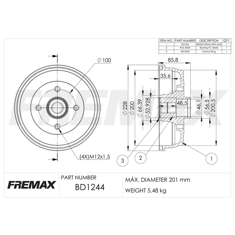 KIT TAMBOR FREIO TRASEIRO COM ROLAMENTO GM NOVO CORSA 02/12 FC-40650 VKBA-3601