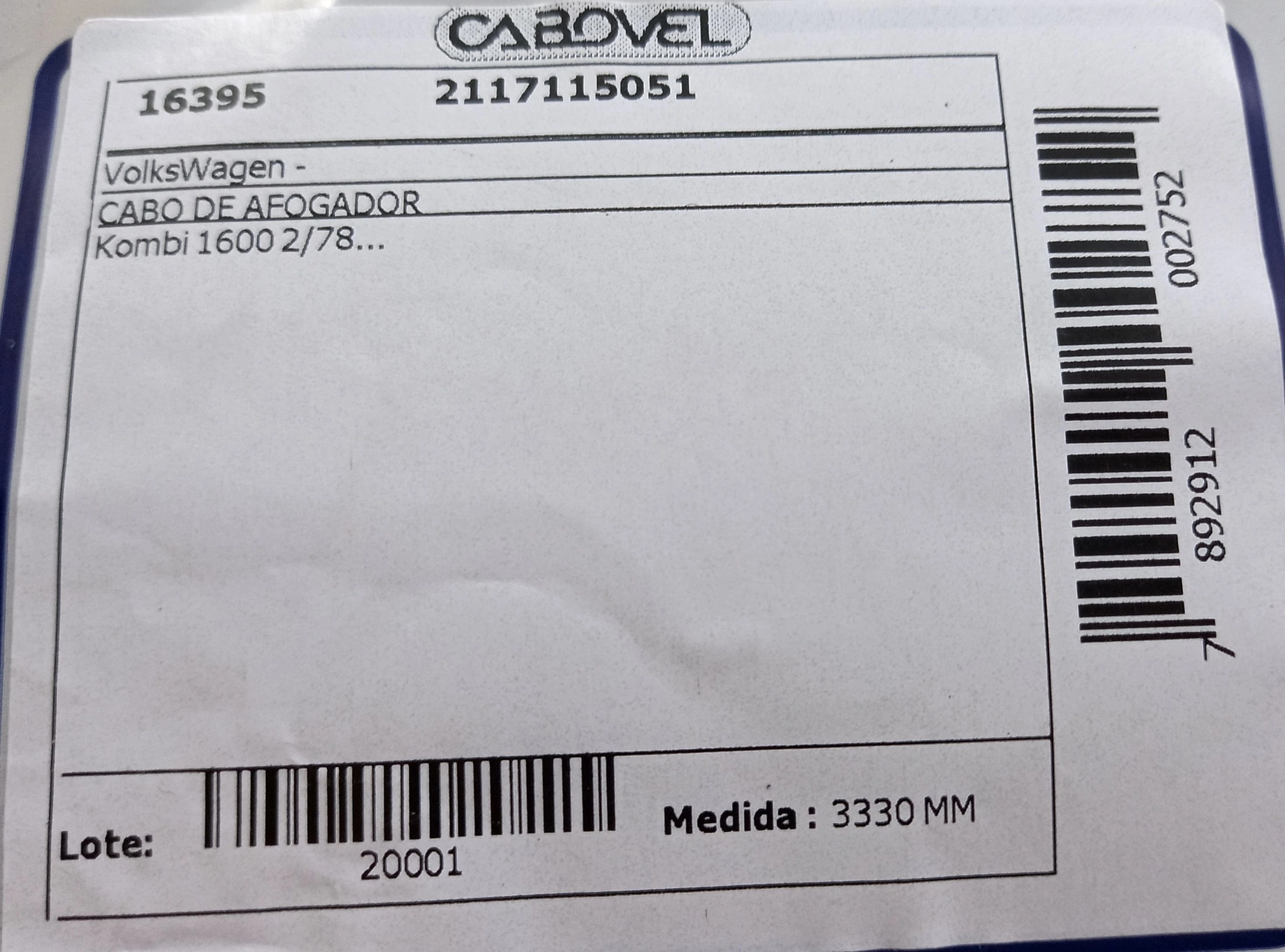 CABO AFOGADOR 3330MM VW KOMBI 1600 02.78/ 3330
