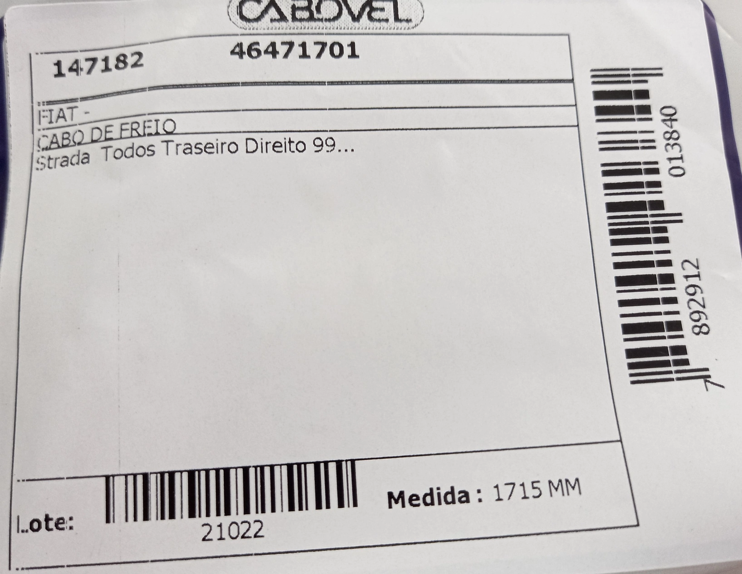 CABO FREIO TRASEIRO DIREITO 1715MM FIAT STRADA TODOS 99/ 1715