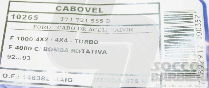 CABO ACELERADOR 675MM FORD F-1000/4000 4X2/4X4 TURBO C/BOMBA ROTATIVA 92/93