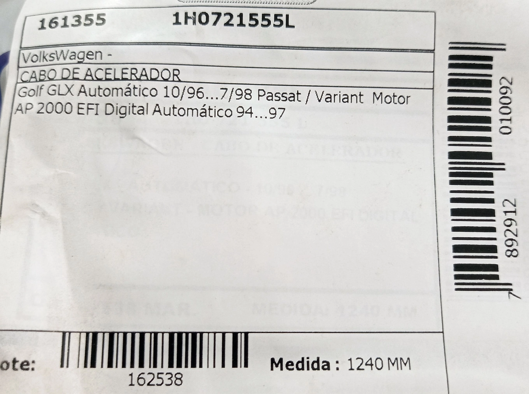 CABO ACELERADOR 1240MM VW GOLF GLX AUTOMATICO PASSAT/VARIANT AP 2.0 EFI DIGITAL 10.96/07.98 1240