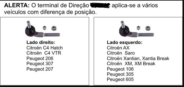 TERMINAL DIREÇÃO DIREITO/ESQUERDO PEUGEOT 106 91/ 305 82/90 605 87/94 ESQ. 206 98/ 307 01/ C4 04/ DIR.