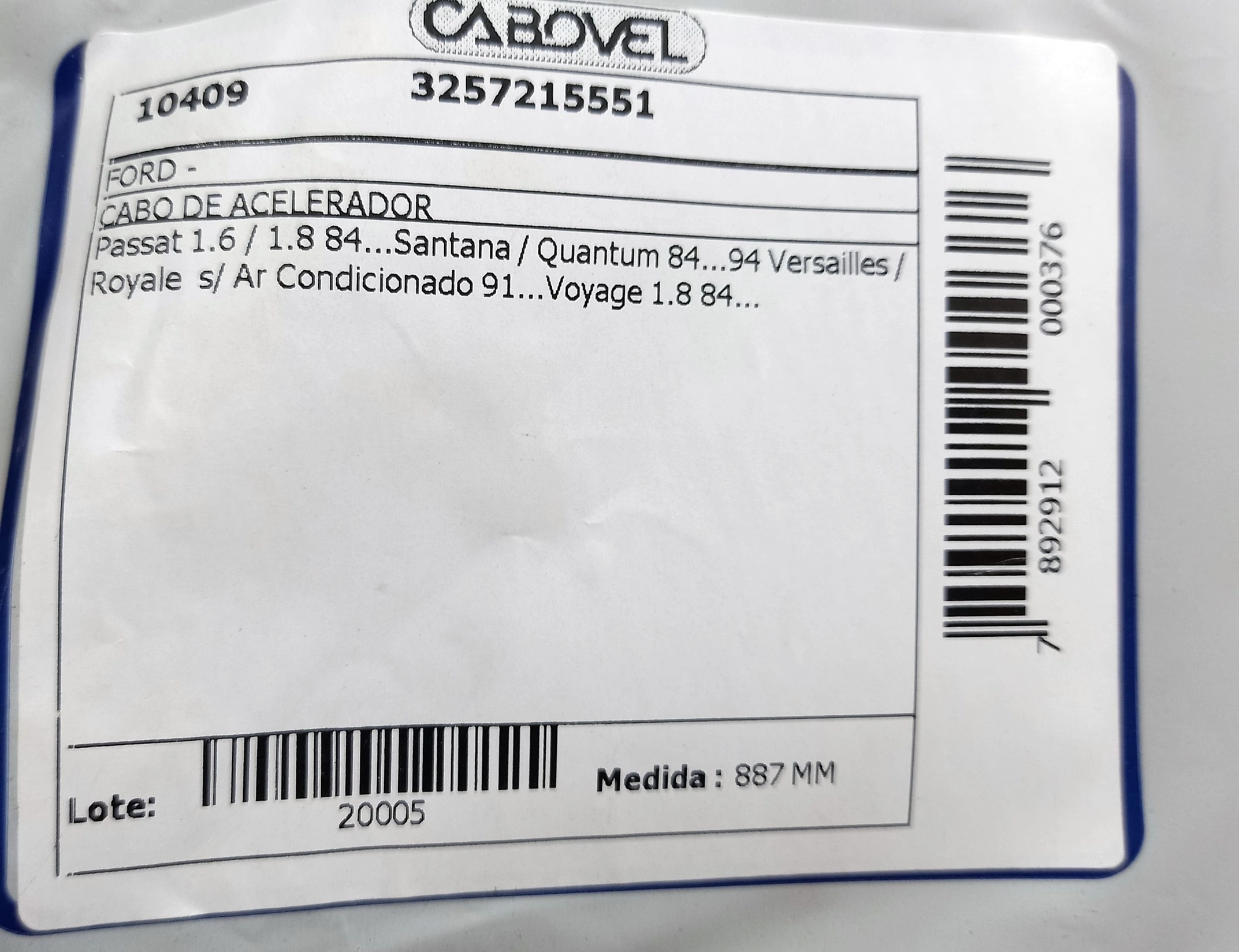CABO DE ACELERADOR FORD VERSAILLES/ROYALE S/ACD 1991/ - PASSAT/VOYAGE 1.6/1.8 1984/ - 887MM