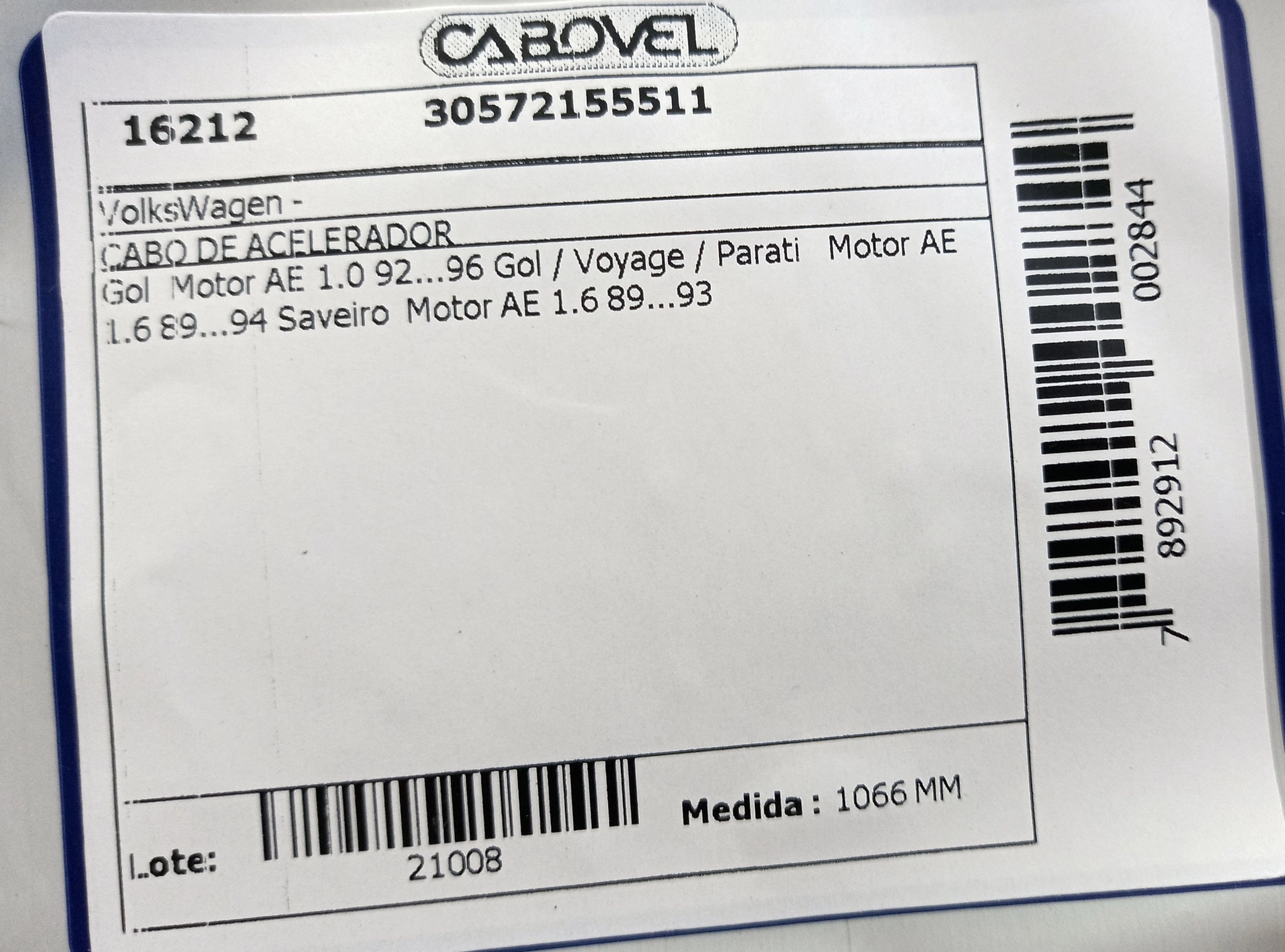 CABO ACELERADOR VW GOL/VOYAGE/PARATI/SAVEIRO - MOTOR AE 1.0/1.6 89/96 1066