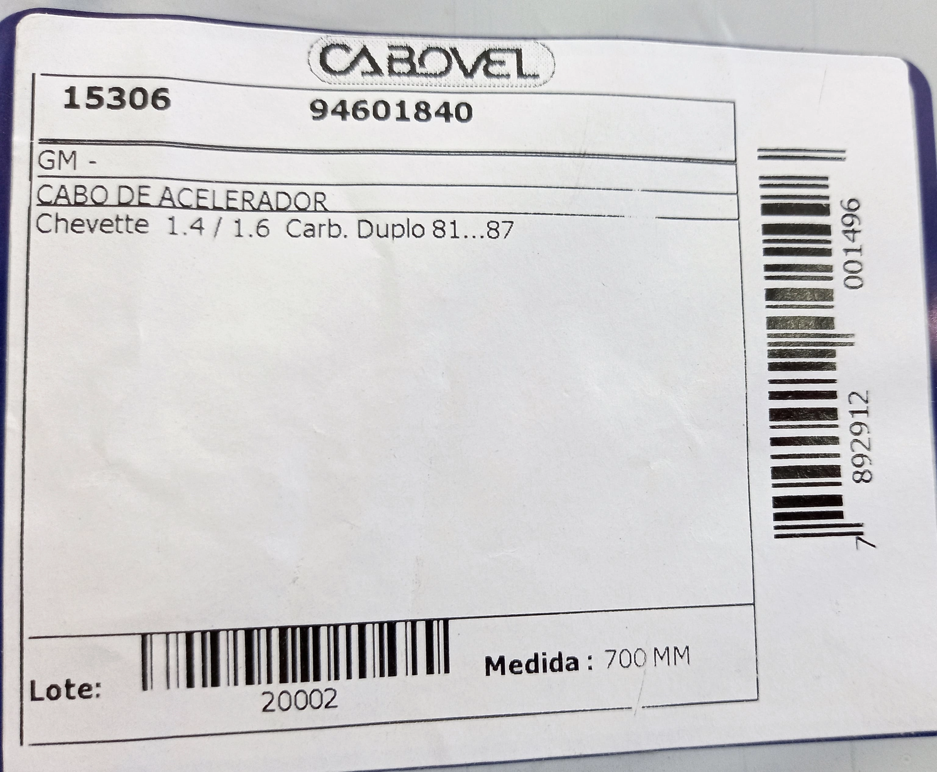 CABO ACELERADOR GM CHEVETTE/CHEVY 1.4/1.6 - CARBURACAO DUPLO 81/87 700