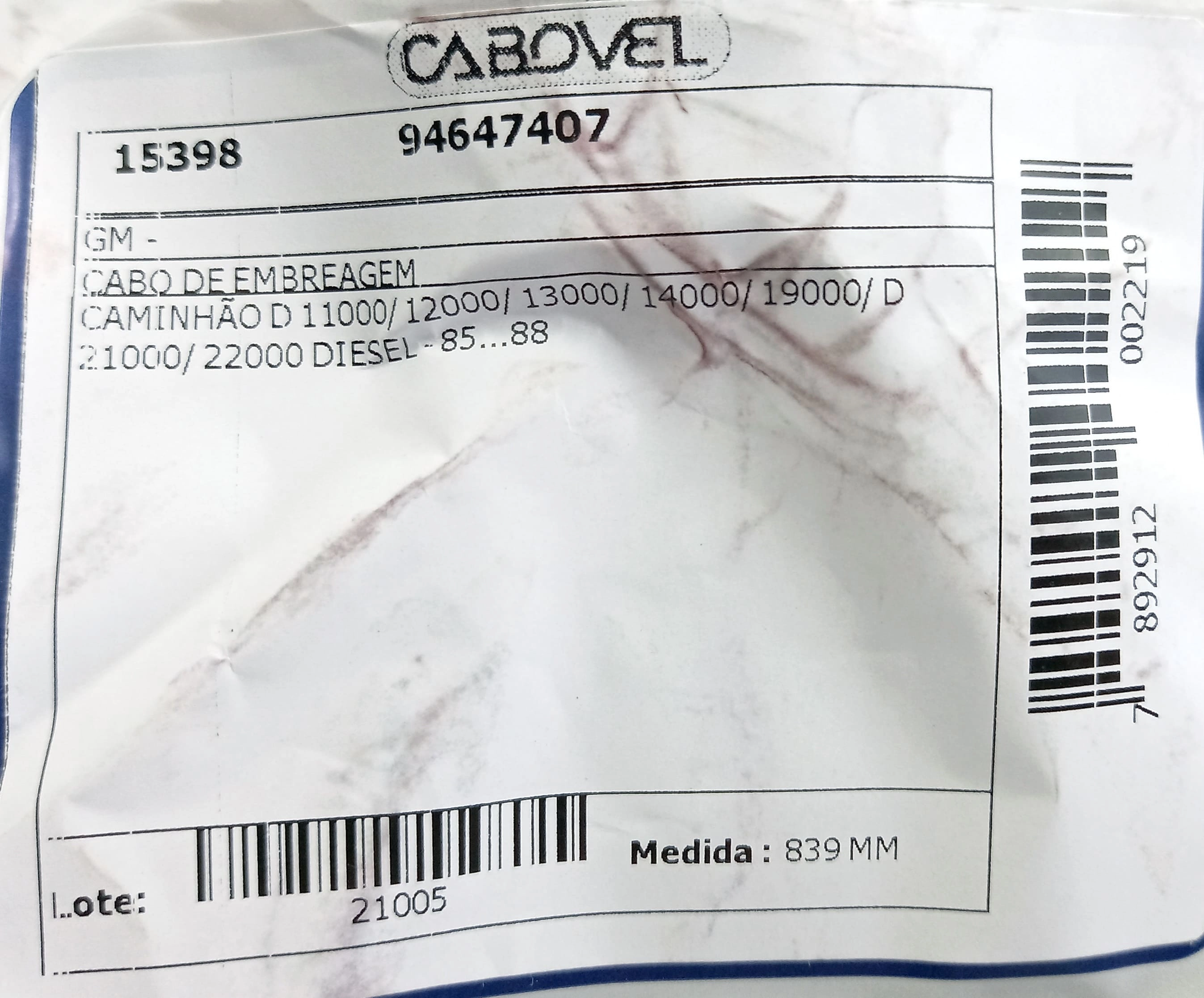 CABO EMBREAGEM 839MM GM D-11000/12000/13000/14000/19000/21000 DIESEL 85/88 839