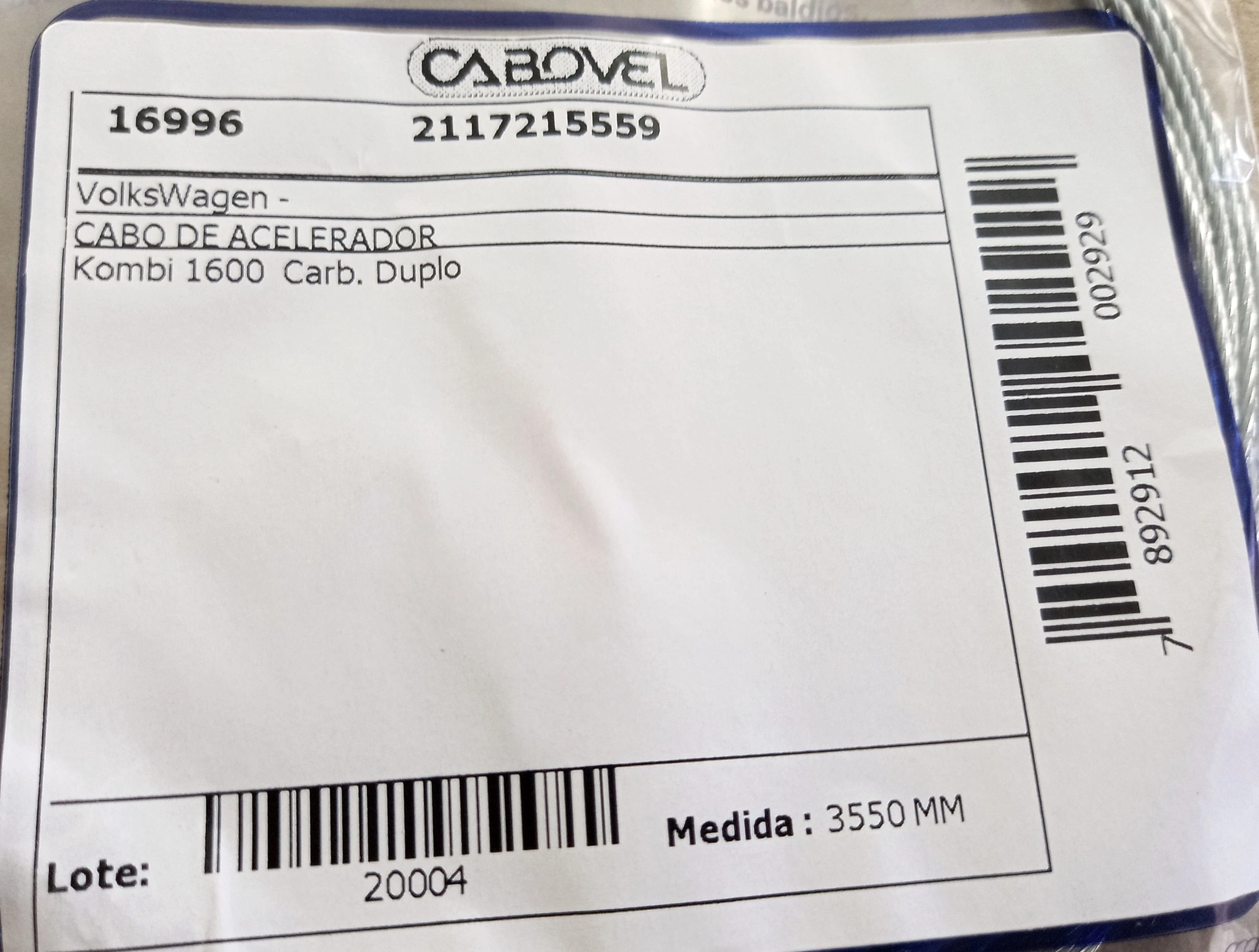 CABO DE ACELERADOR VW KOMBI 1600 - CARBURAÇÃO DUPLA - 3550MM