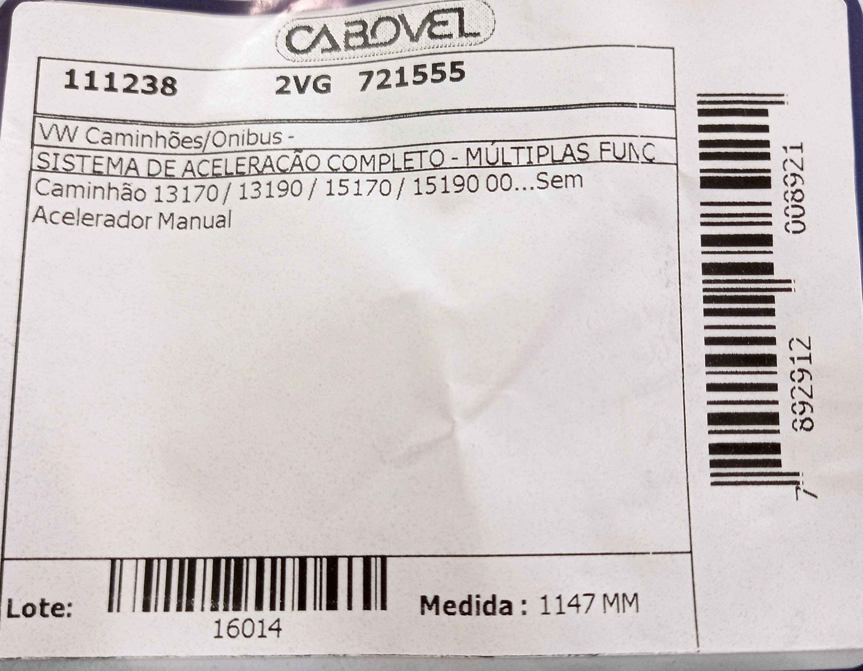 CABO ACELERADORVW 17.220/24.220/24.250 - MULTIPLAS FUNCOES S/ACEL MANUAL 1147MM