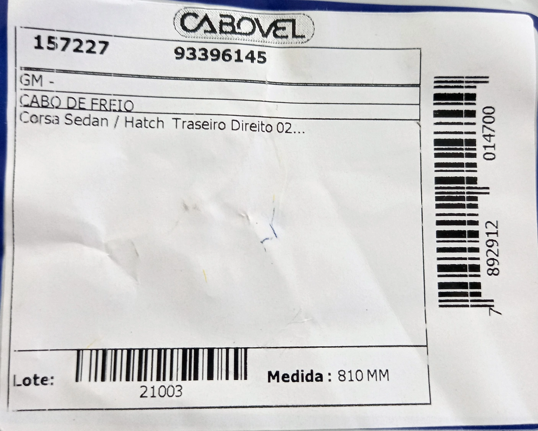 CABO FREIO TRASEIRO DIREITO GM NOVO CORSA 2002/ - 810MM