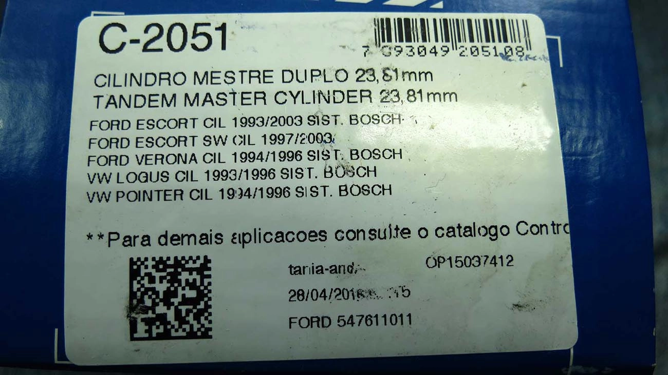 CILINDRO MESTRE FREIO DUPLO SISTEMA BOSCH 23.81MM FORD ESCORT/VERONA 93/ VW LOGUS/POINTER 93/96 15/16