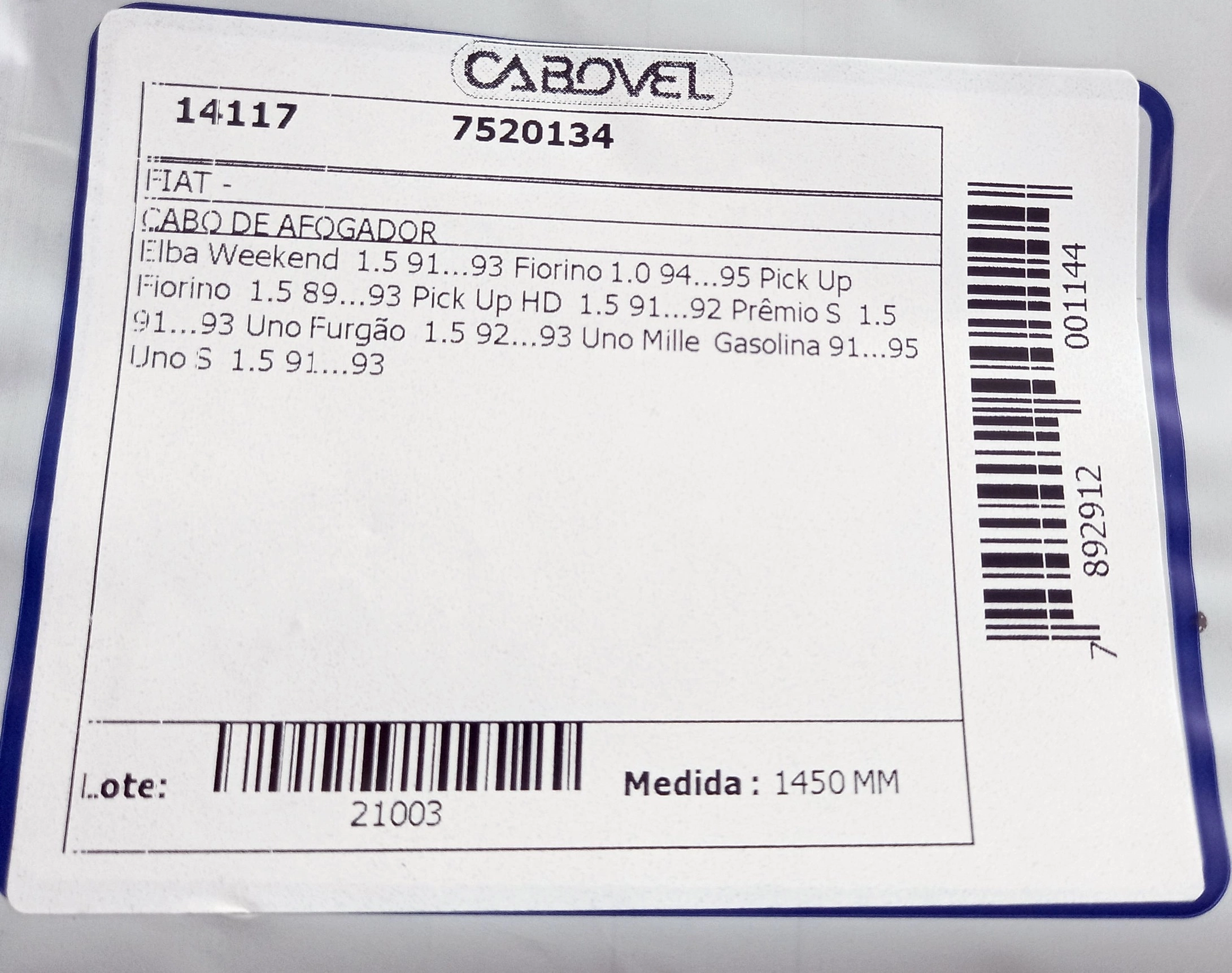 CABO AFOGADOR 1450MM FIAT UNO S 1.5/MILLE GASOLINA ELBA/PREMIO 91/93 FIORINO 89/93 91/95