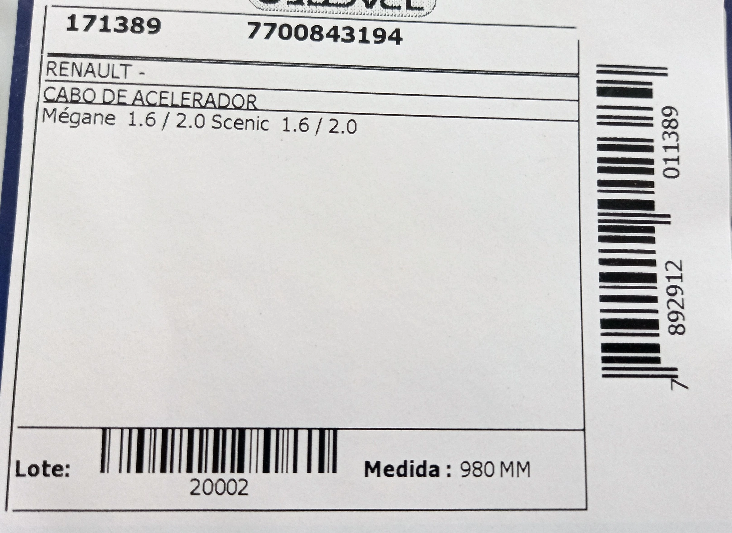 CABO ACELERADOR 980MM RENAULT MEGANE/SCENIC 1.6/2.0