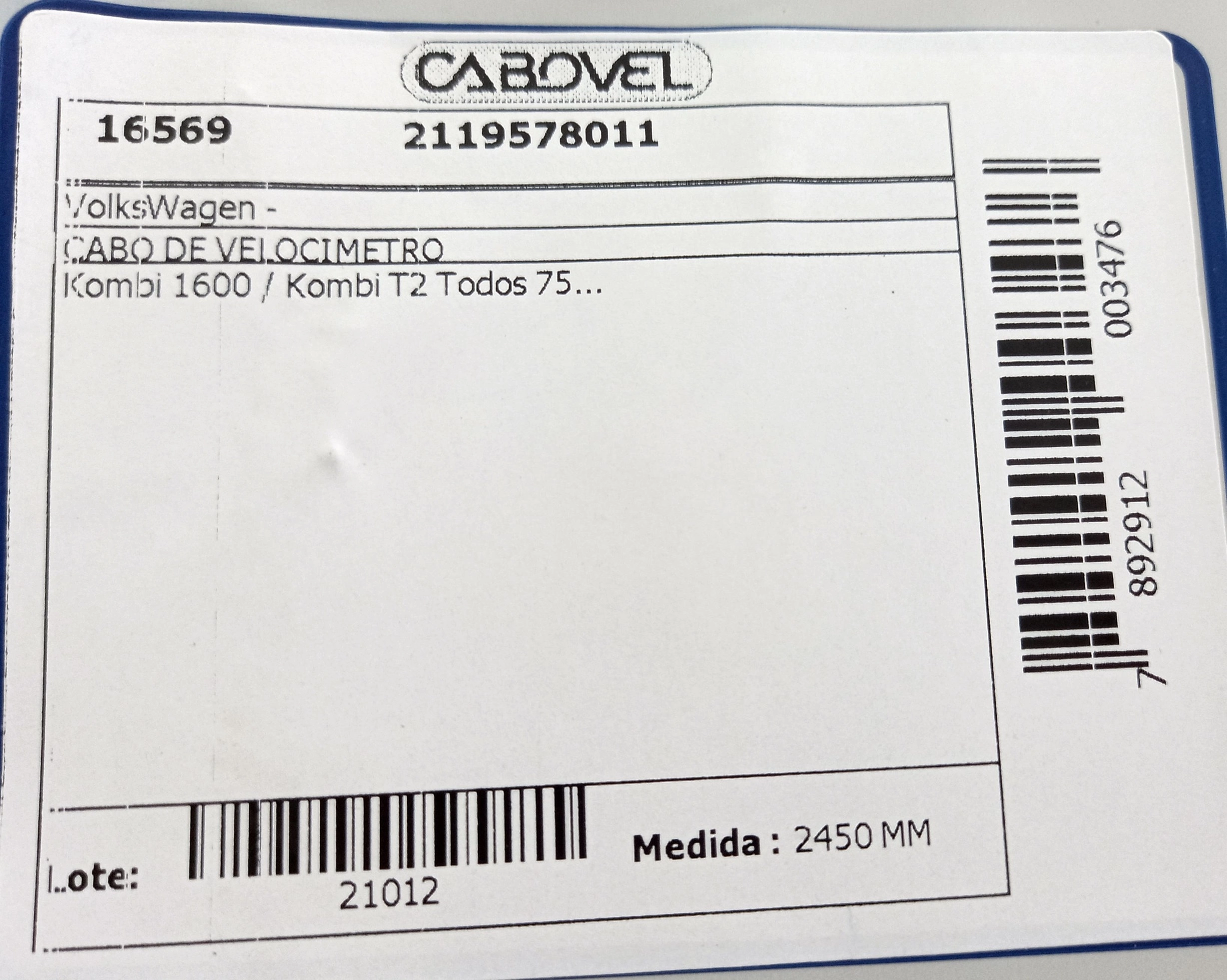 CABO VELOCIMETRO VW KOMBI 1600/KOMBI T2 - TODOS 75/ 2450