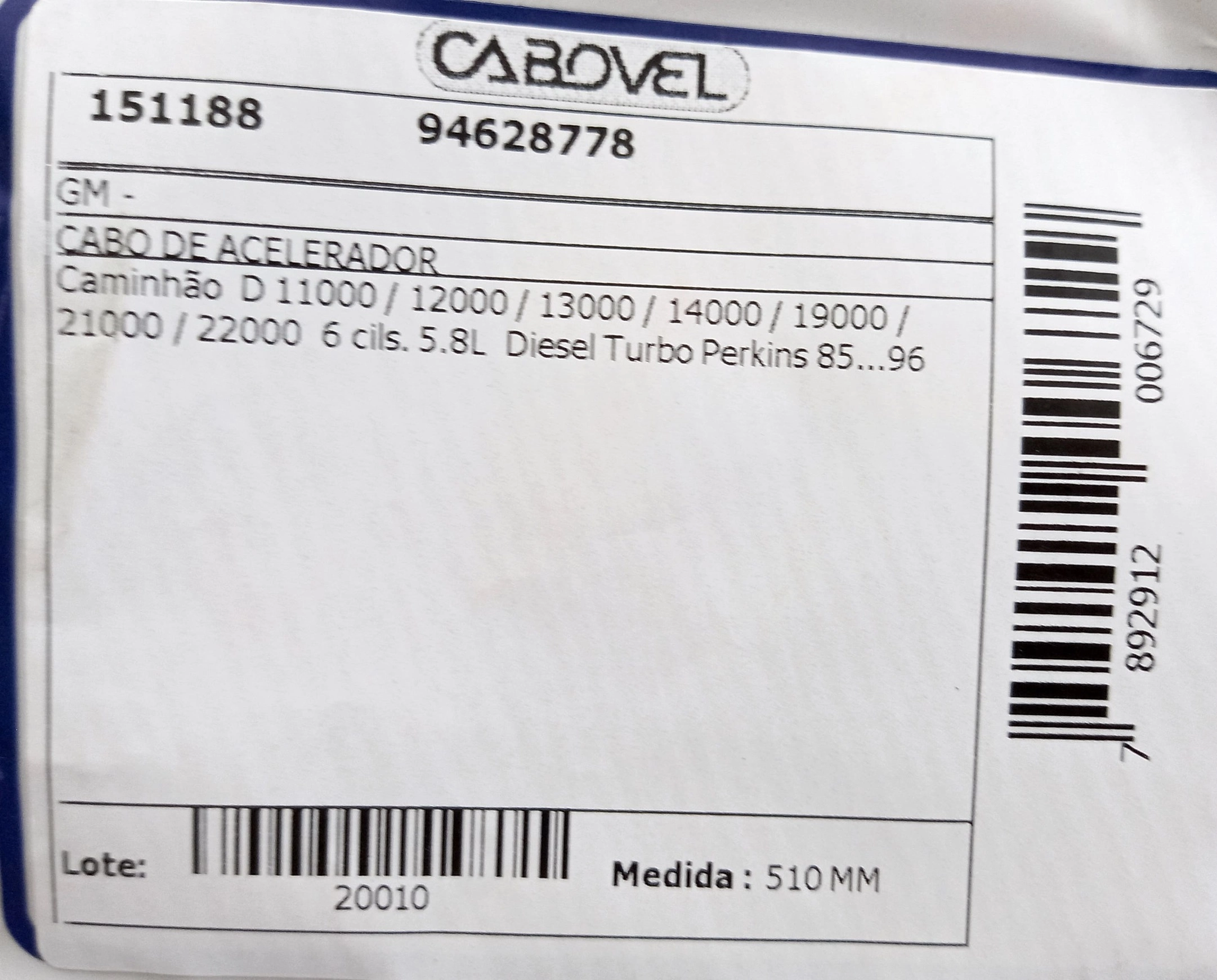 CABO ACELERADOR GM D-11000/12000/13000/14000/19000/21000 - PERKINS 85/96 510