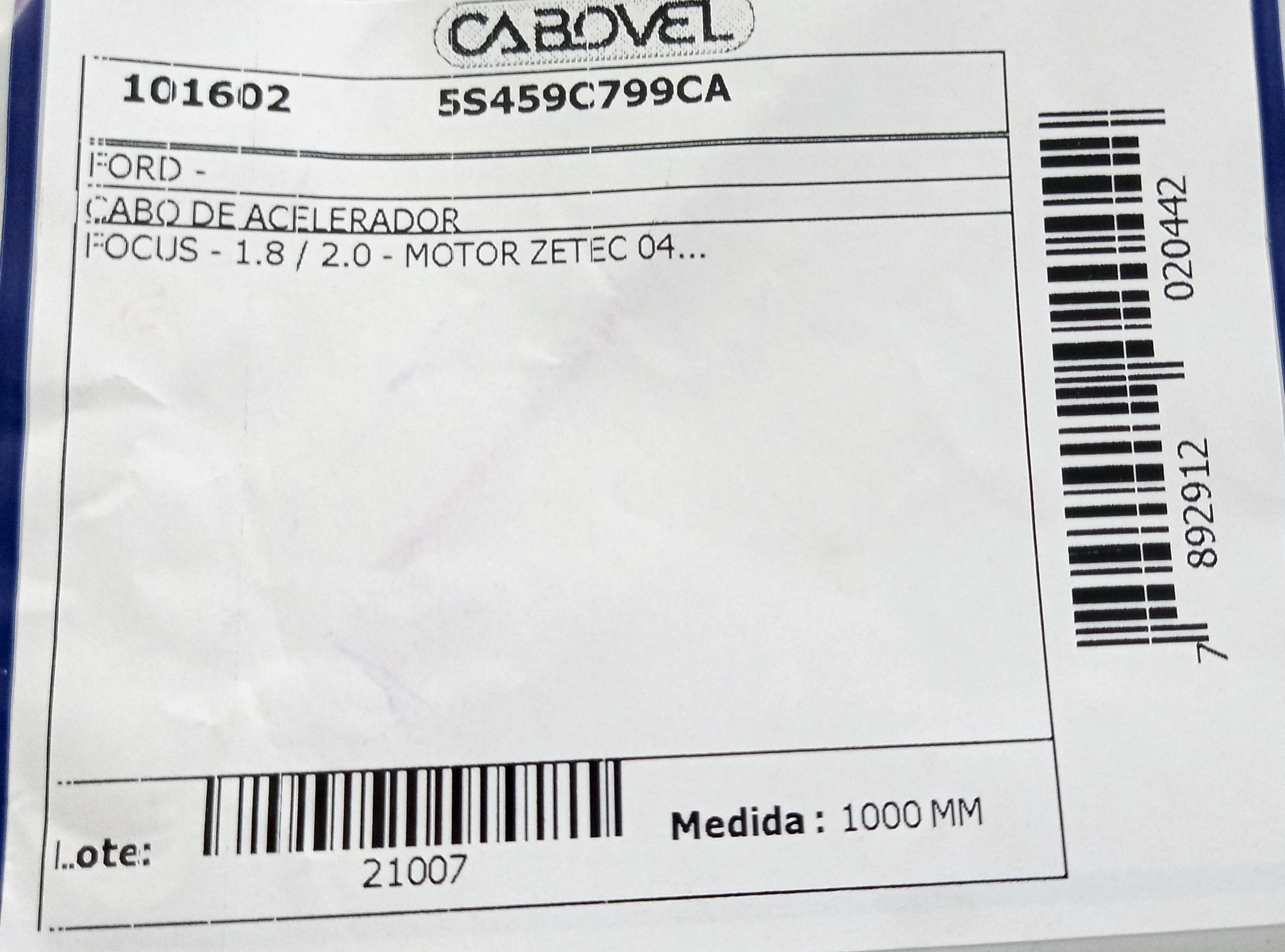 CABO DE ACELERADOR FORD FOCUS 1.6 2003/2007 - MOTOR ZETEC - 1000MM