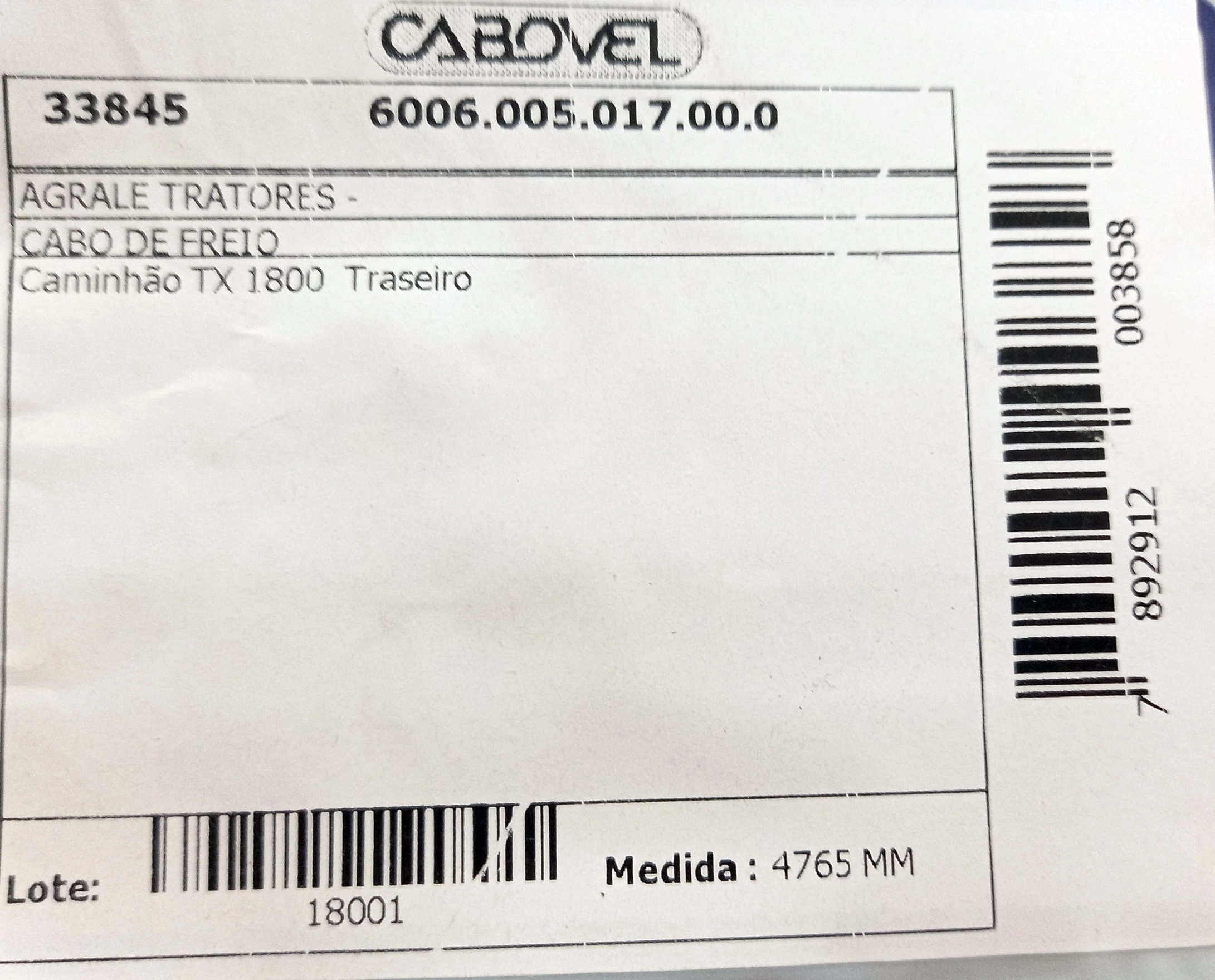 CABO FREIO TRASEIRO 4765MM AGRALE 1800 4765