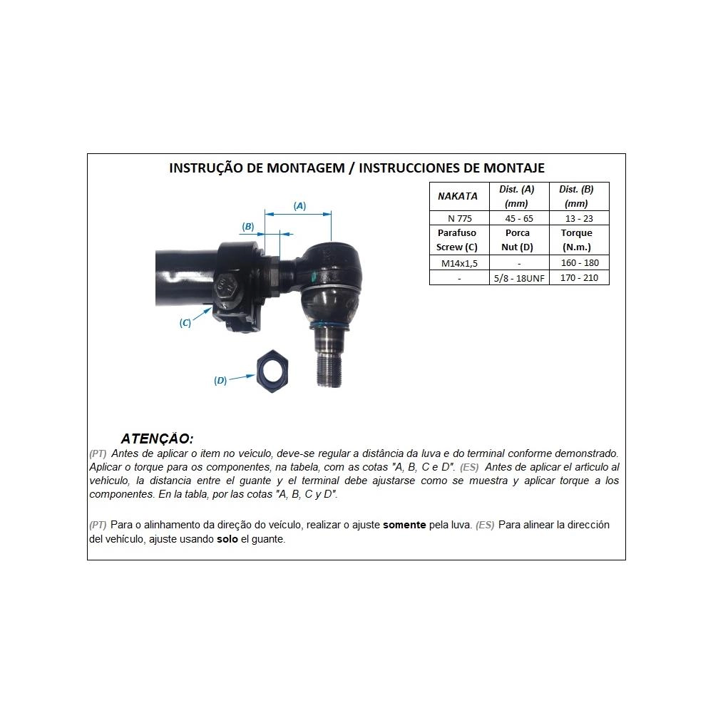 BARRA DE LIGAÇÃO DIANTEIRA VW 8-150 03/10 8-150EOD 04/12 9-150EOD 04/12 9-160 12/16 - 1640MM