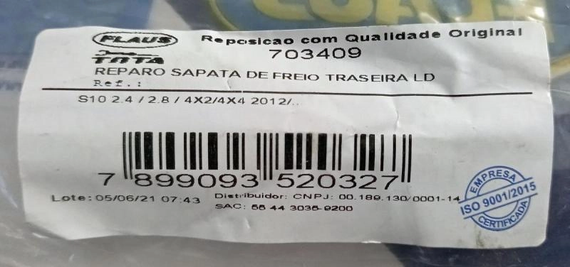 REPARO SAPATA DE FREIO TRASEIRA GM NOVA S-10 2012/ - DIREITO