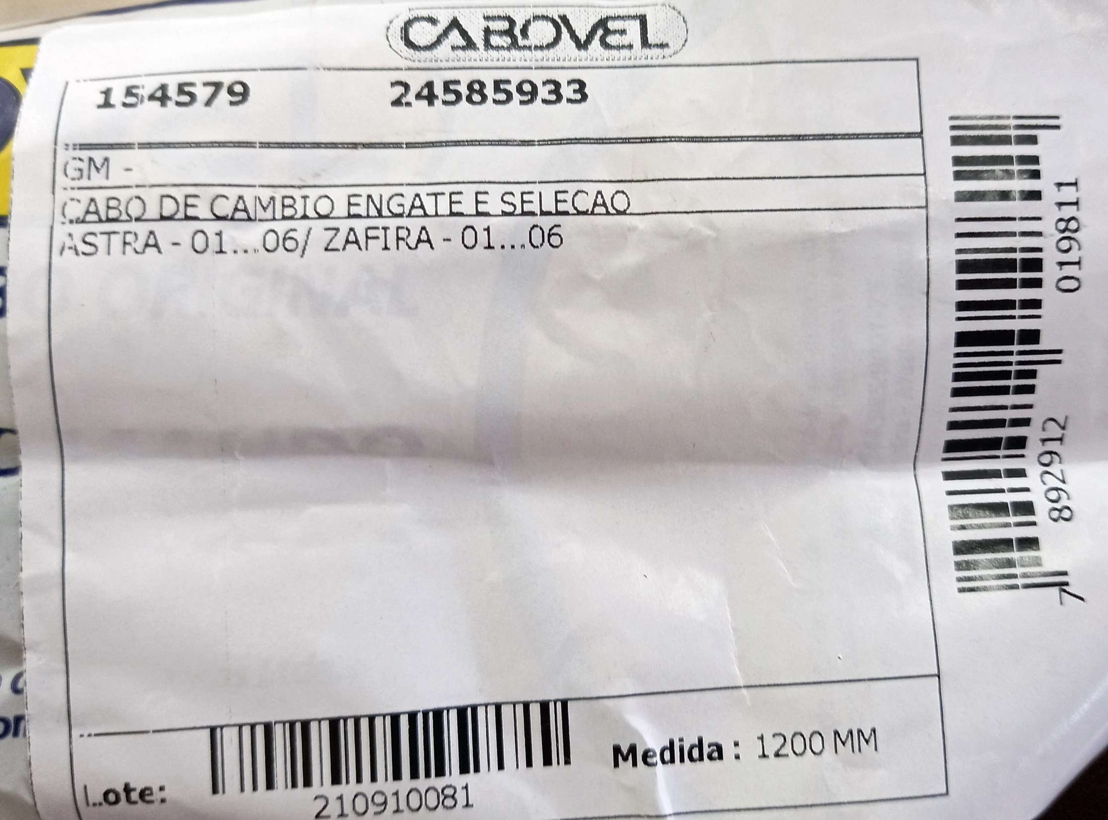 CABO COMANDO CÂMBIO ENGATE/SELEÇÃO MARCHAS GM ASTRA/ZAFIRA 2001/2006 - 1200MM