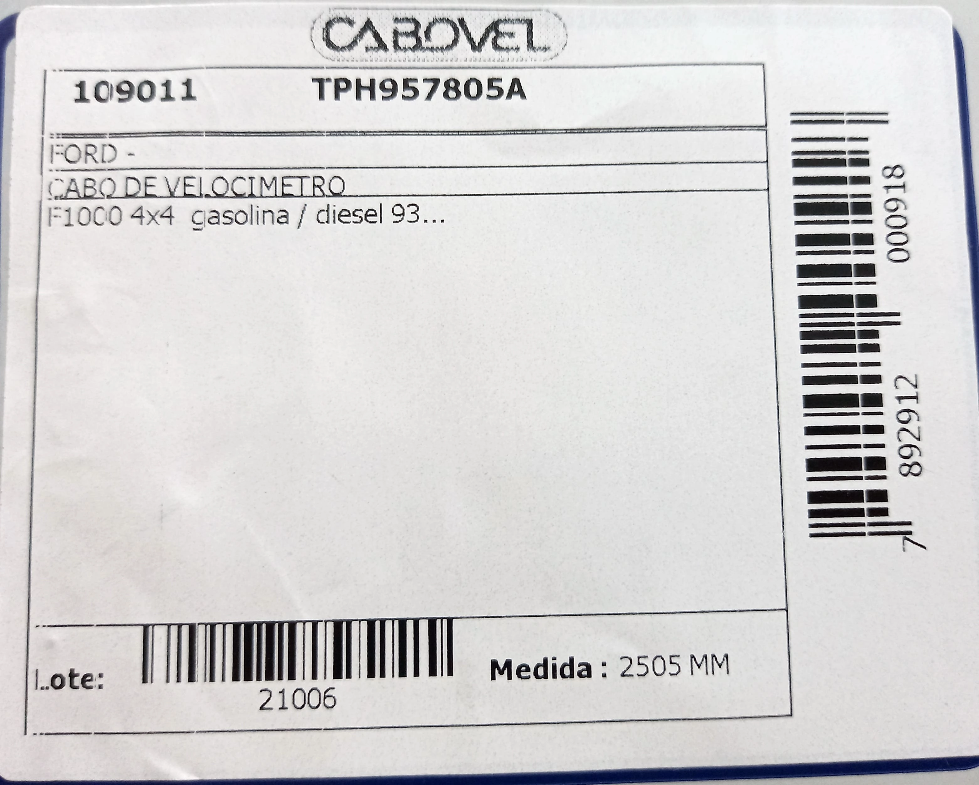 CABO VELOCIMETRO FORD F-1000 4X4 - GASOLINA/DIESEL 93/ 2505MM