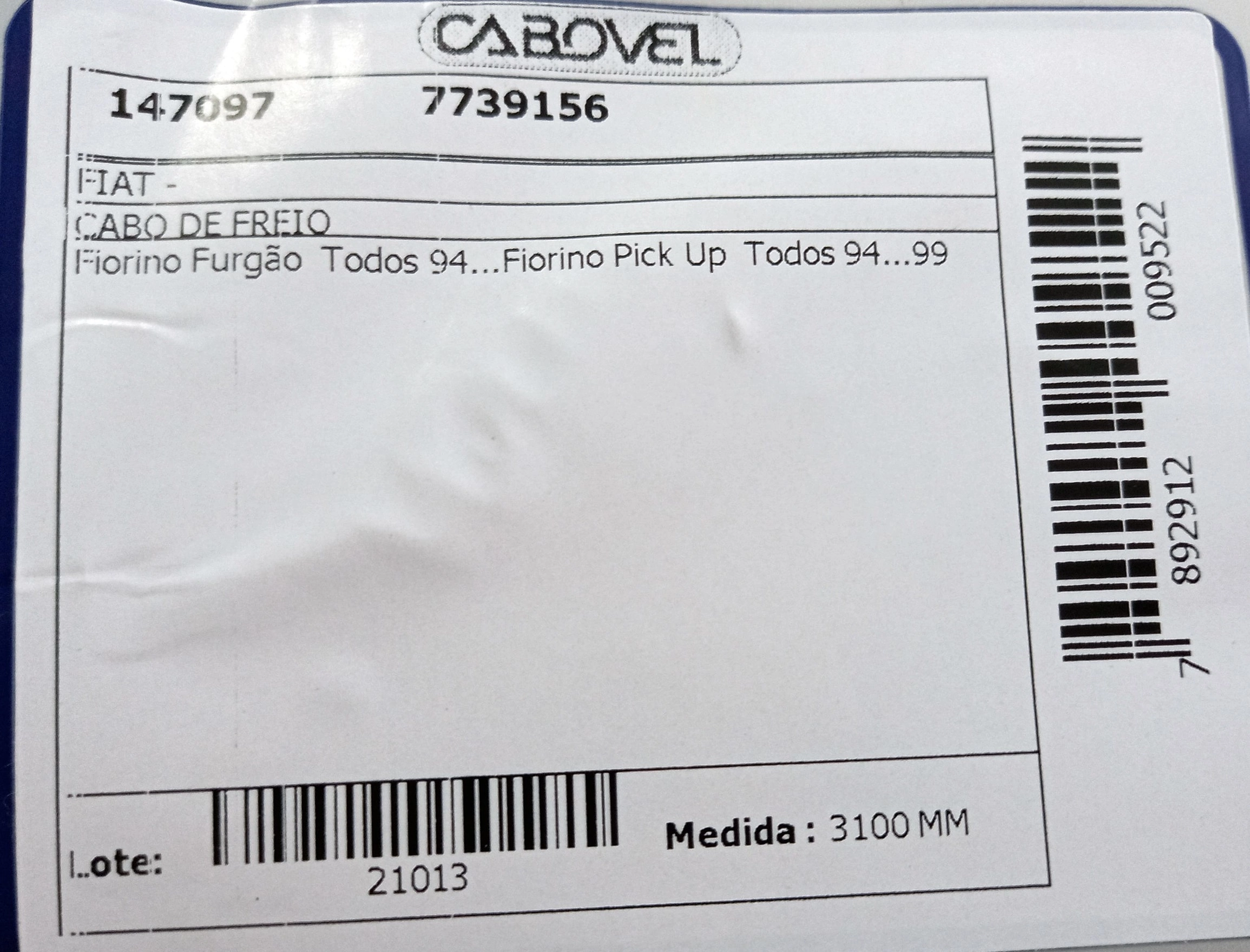 CABO FREIO TRASEIRO 3100MM FIAT FIORINO TODOS 94/